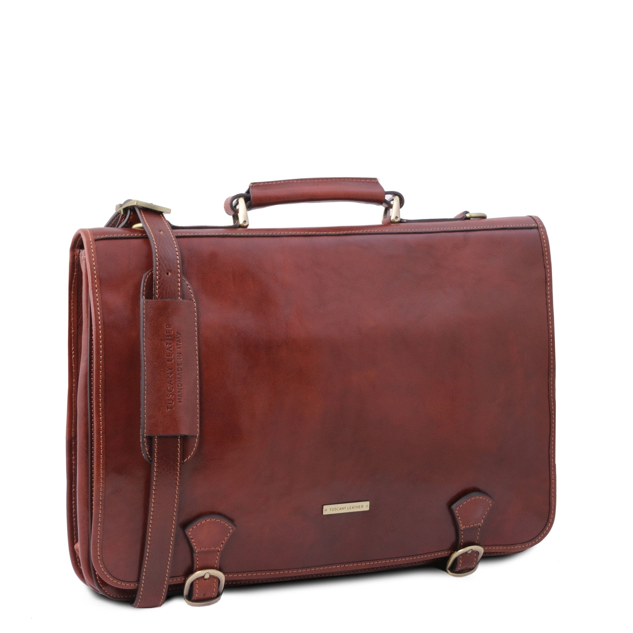 Side View of the Ancona Leather Messenger Bag in Brown showing the Removable and Adjustable Shoulder Strap