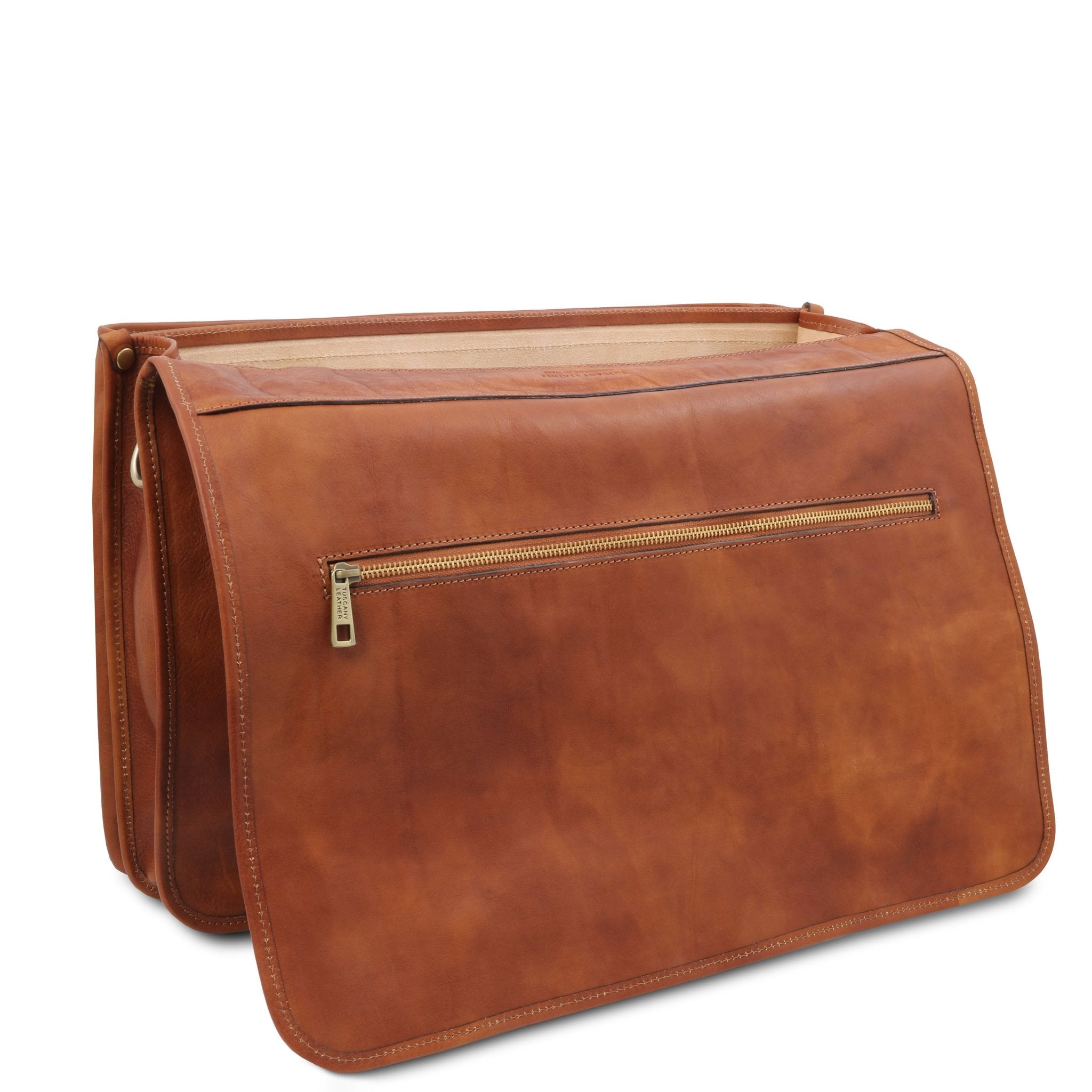 Rear View of the Ancona Leather Messenger Bag in Natural showing how the leather cover opens.