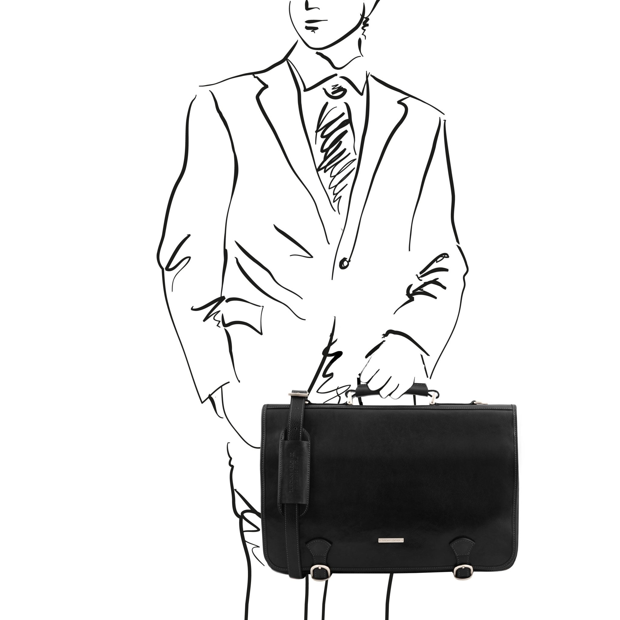 A black and white sketch of a man holding the Ancona Leather Messenger Bag in Black to show scale