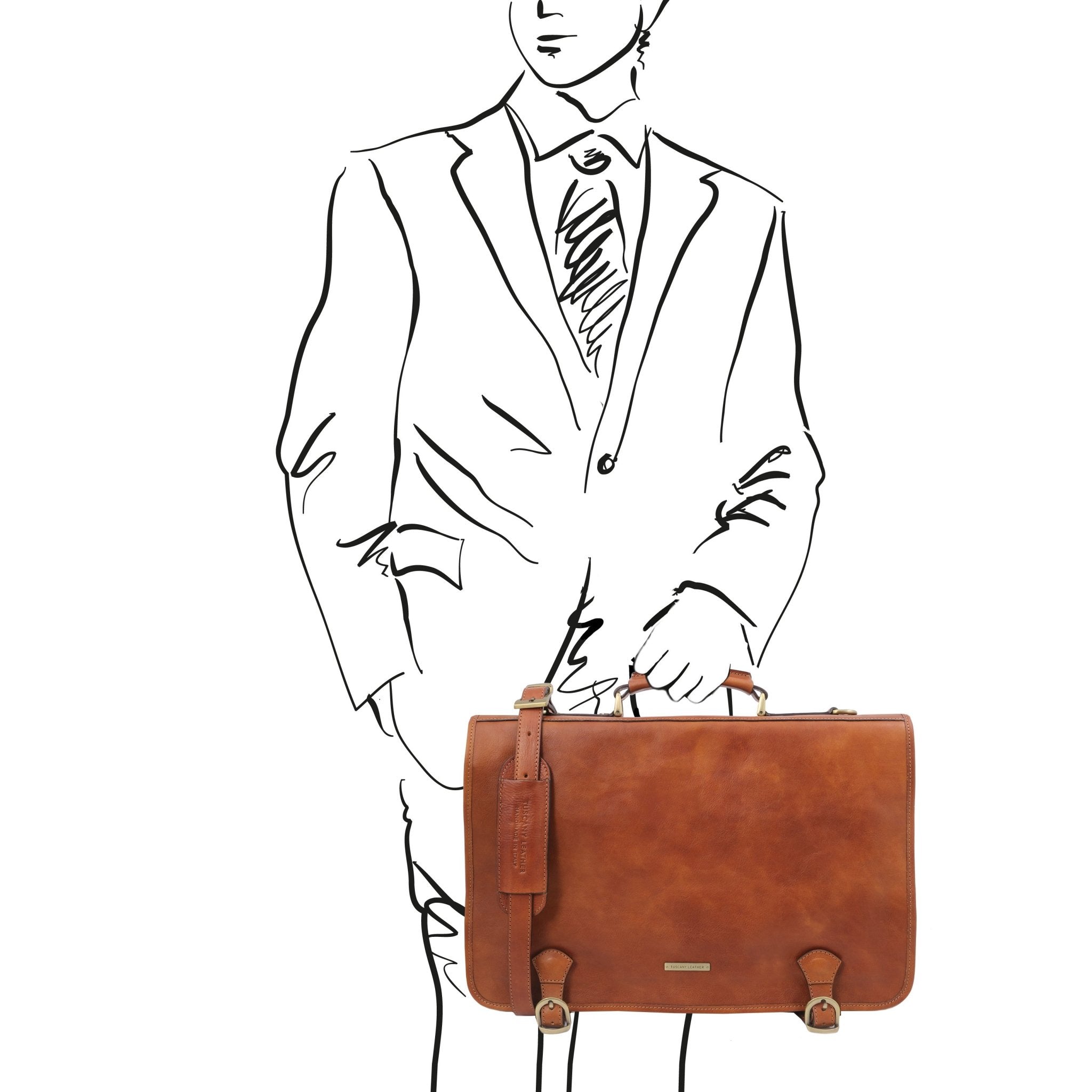 A black and white sketch of a man holding the Ancona Leather Messenger Bag in Natural to show scale