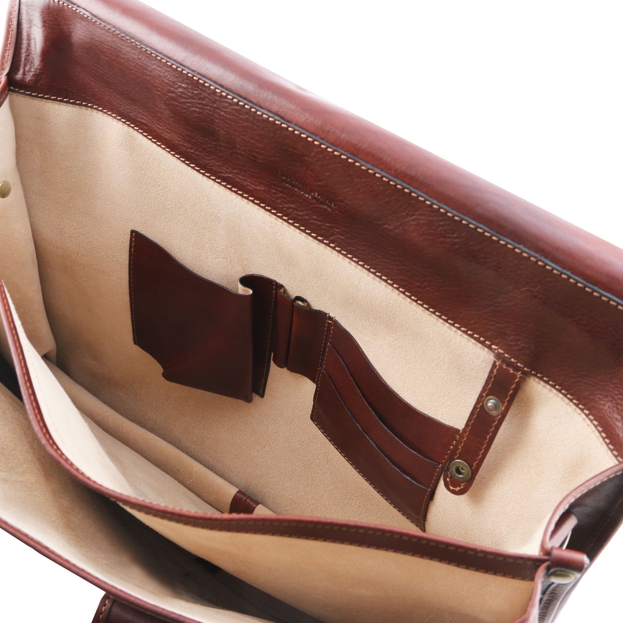 Interior View of the Ancona Leather Messenger Bag in Brown Showing the Open Pockets