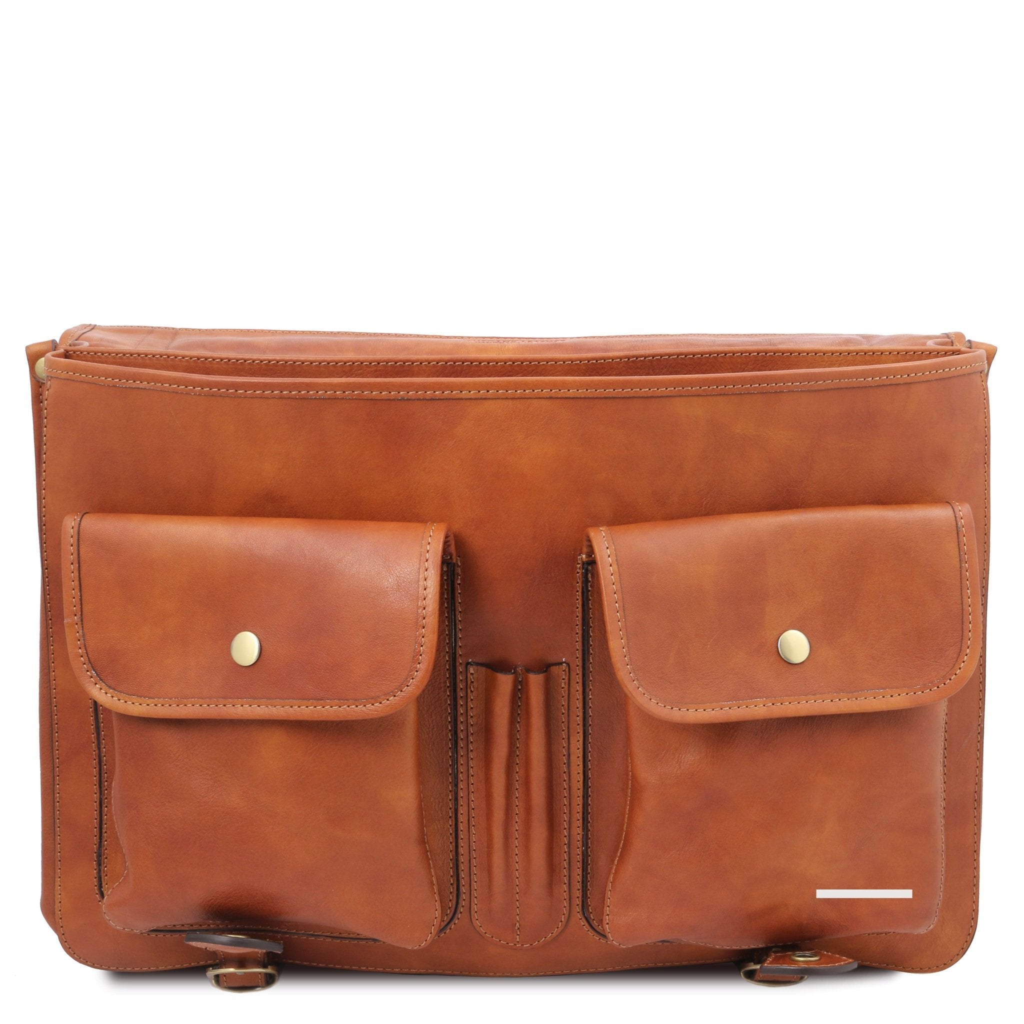 Front View of the Ancona Leather Messenger Bag in Natural showing the organizational pockets beneath the cover.