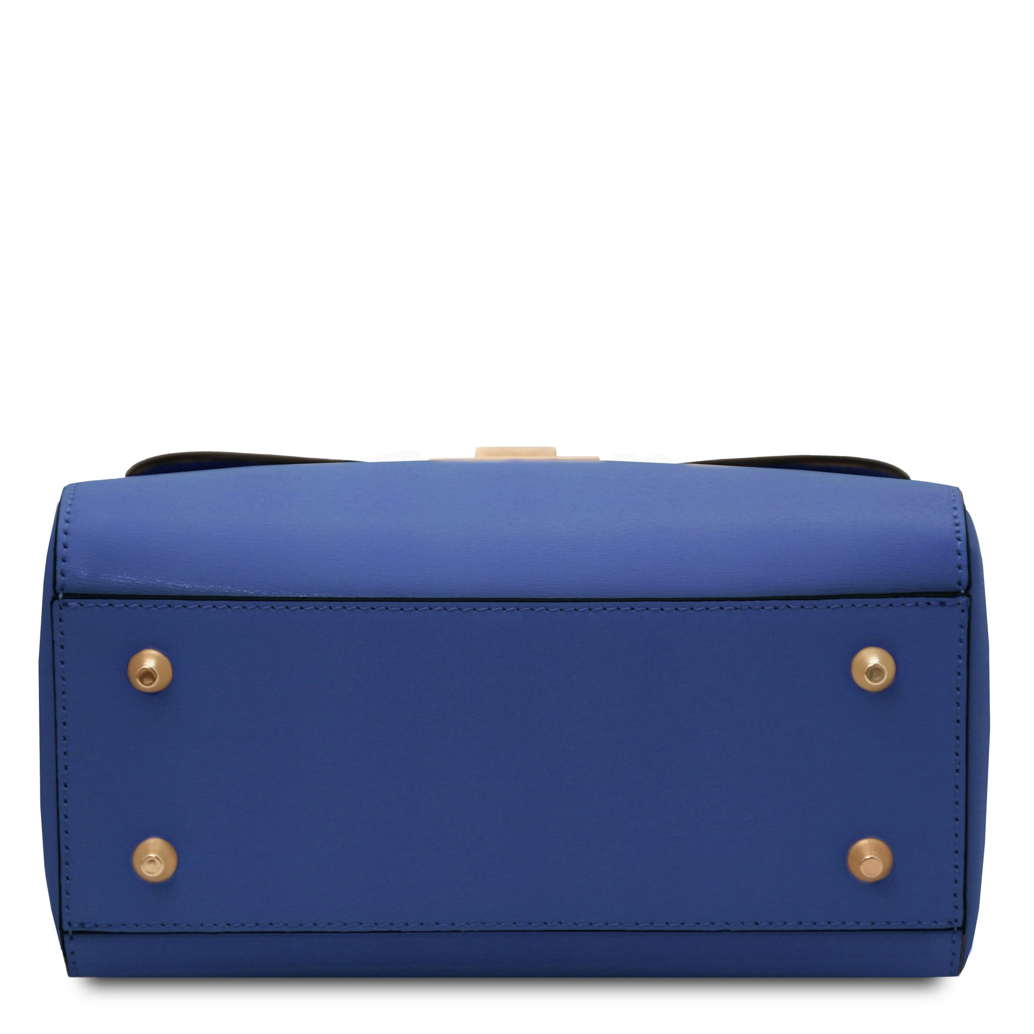 Armonia Italian Leather Handbag in Vibrant Blue Bottom View of four gold protective feet