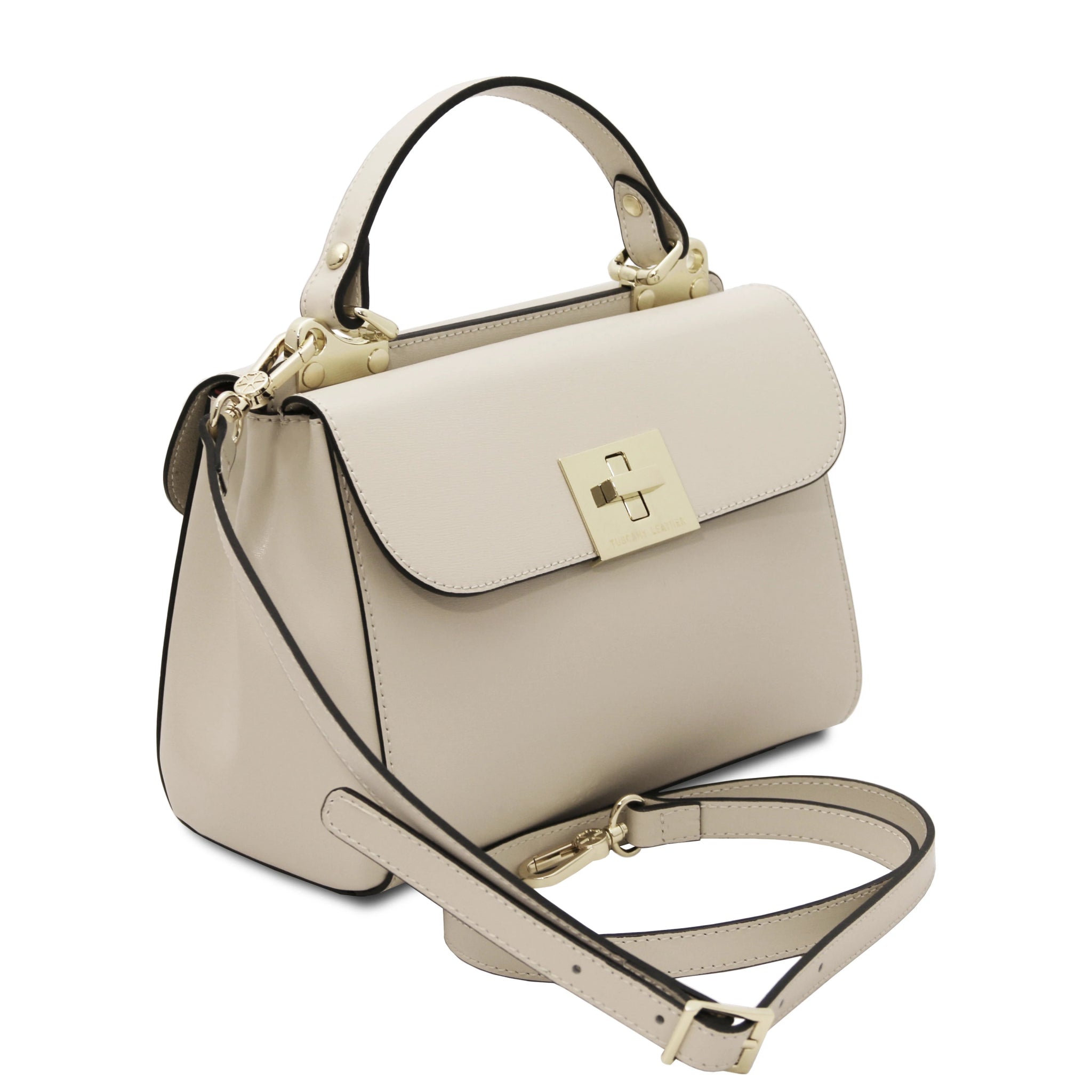 Armonia Leather Handbag in beige front view showing shoulder strap - L'Atelier Global