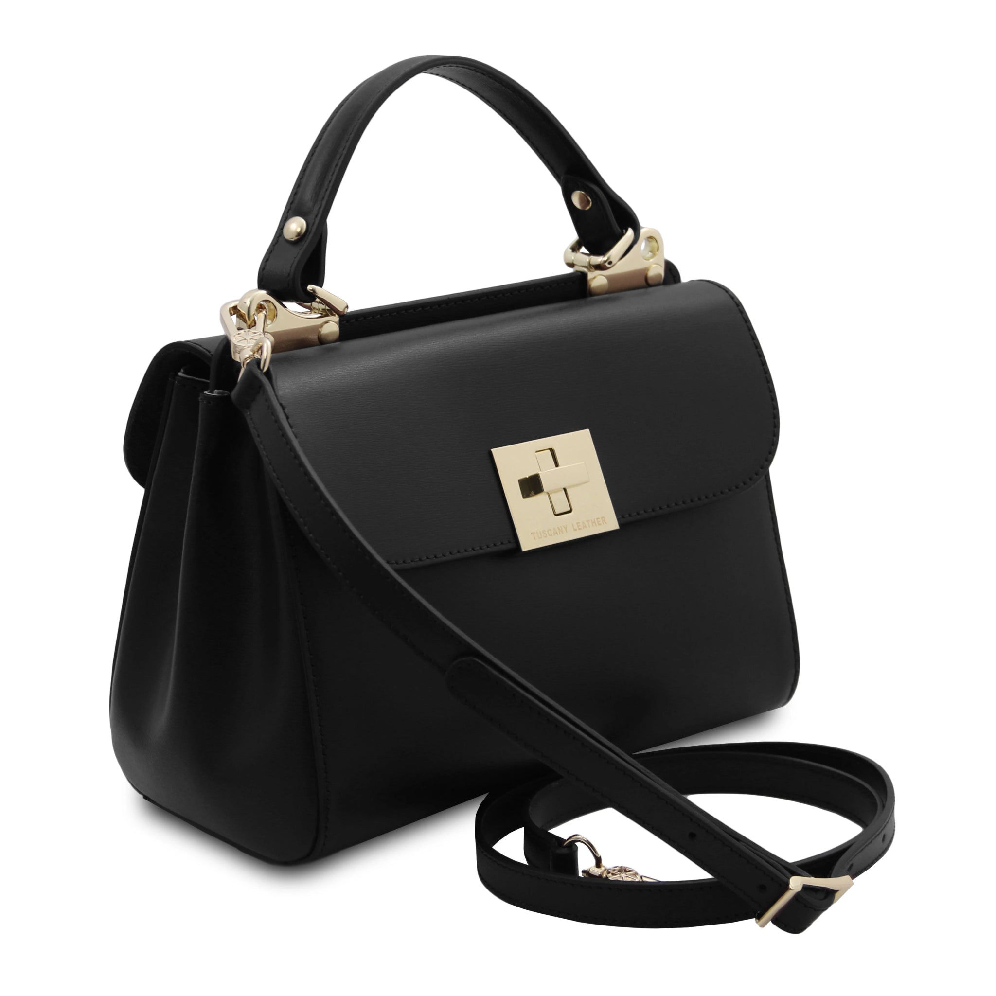 Armonia Italian Leather Handbag in Black Front View Showing Shoulder Strap