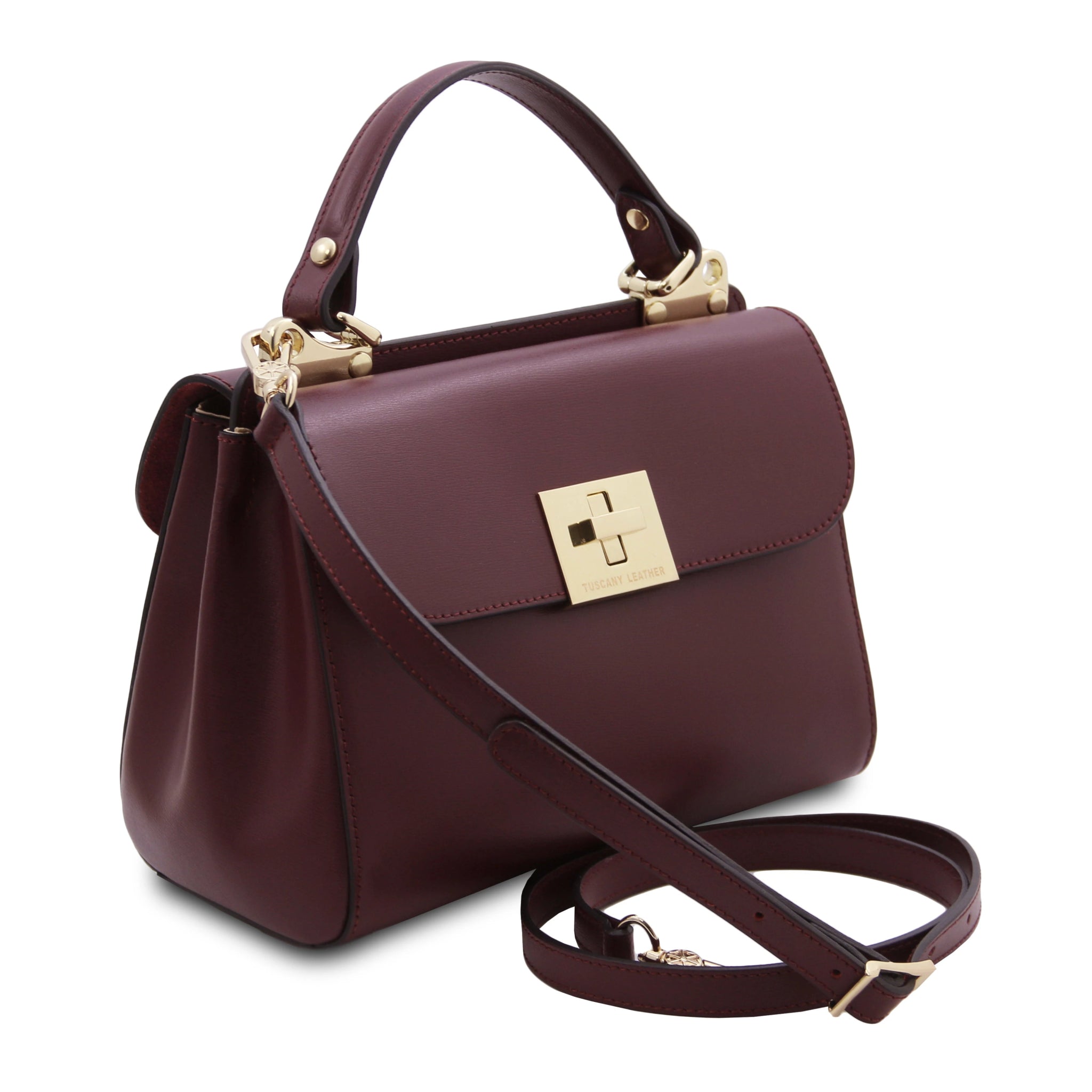 Armonia Italian Leather Handbag in Bordeaux Front View Showing Shoulder Strap
