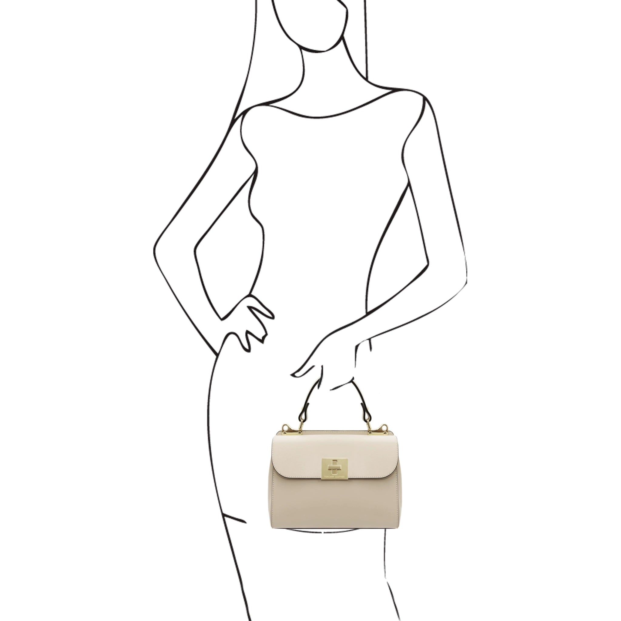 Armonia Leather Handbag in beige, black sketch of model holding bag- L'Atelier Global