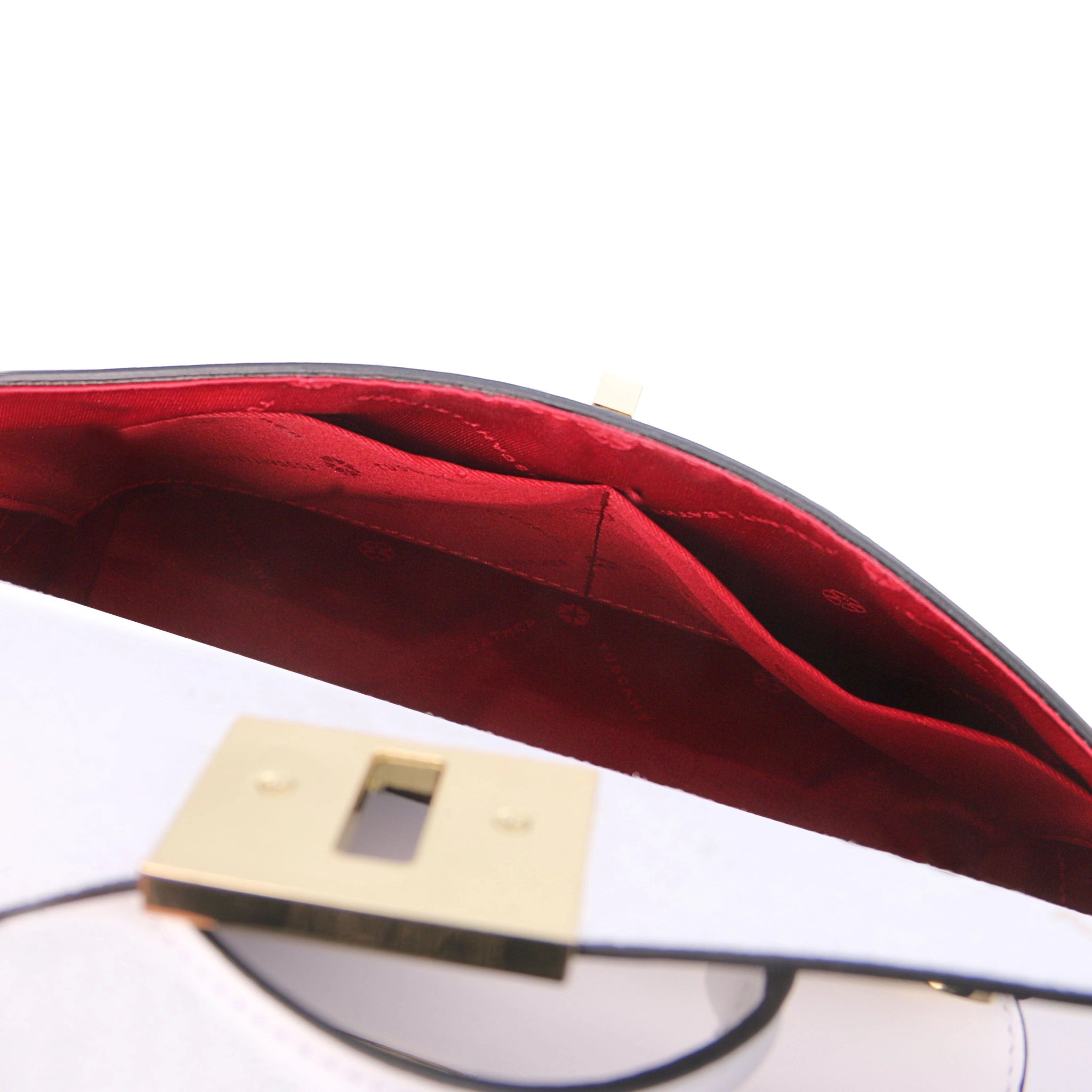 Armonia Italian Leather Handbag in White- Red polyester Interior Open Pocket View