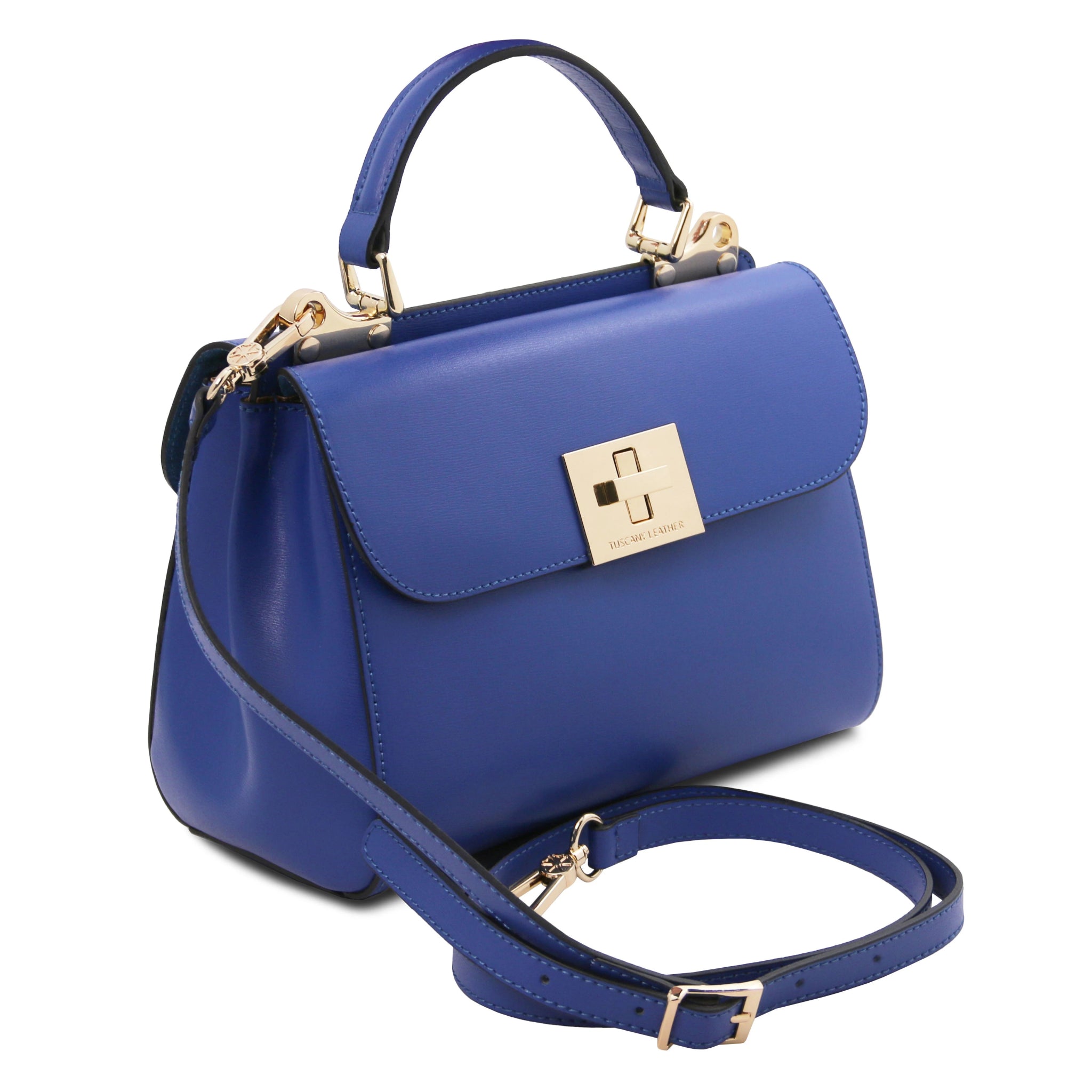 Front angled view Armonia Italian Leather Handbag in Blue showing detachable - L'Atelier Global