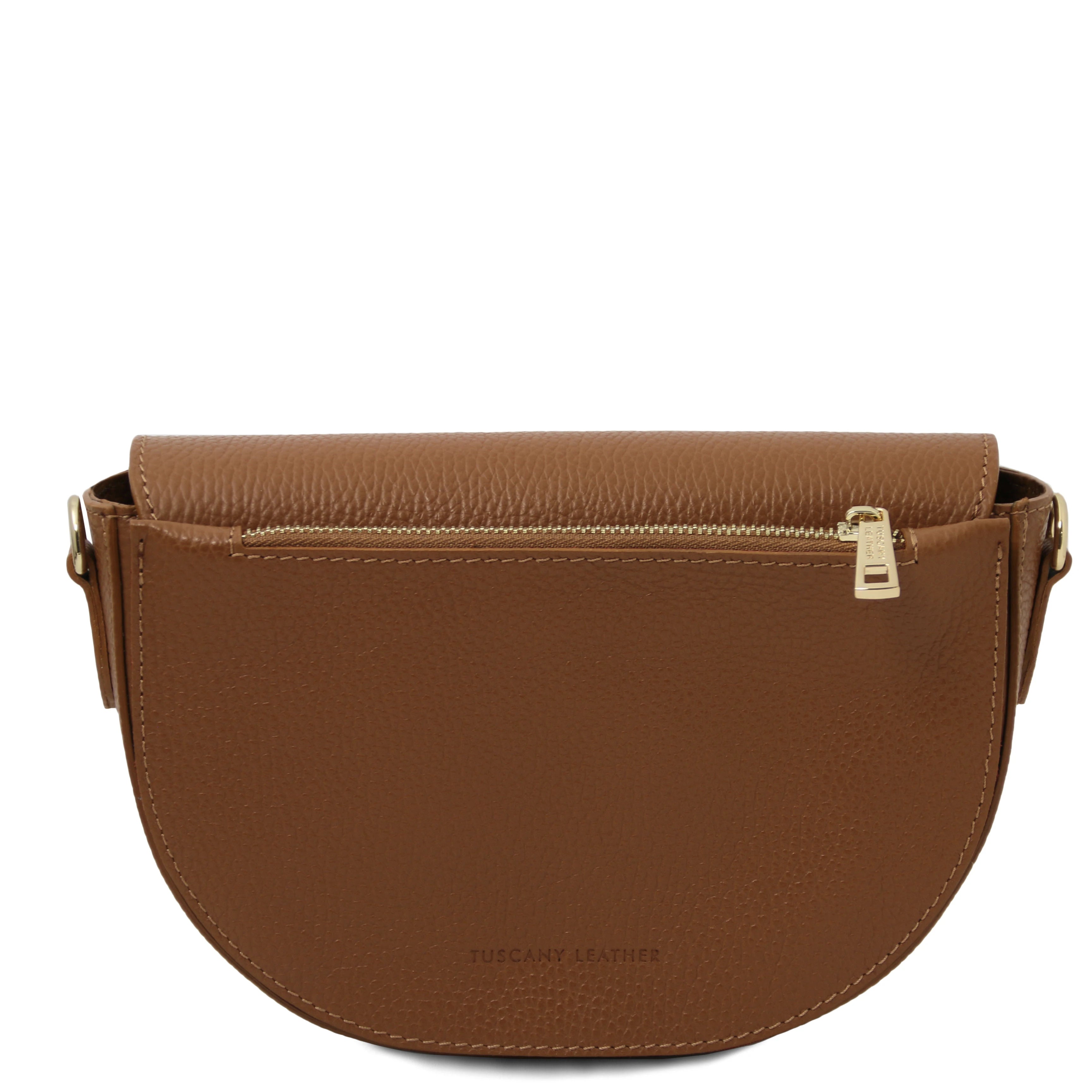 Back view Astrea Leather Shoulder Bag in cognac on a white background- L'Atelier Global