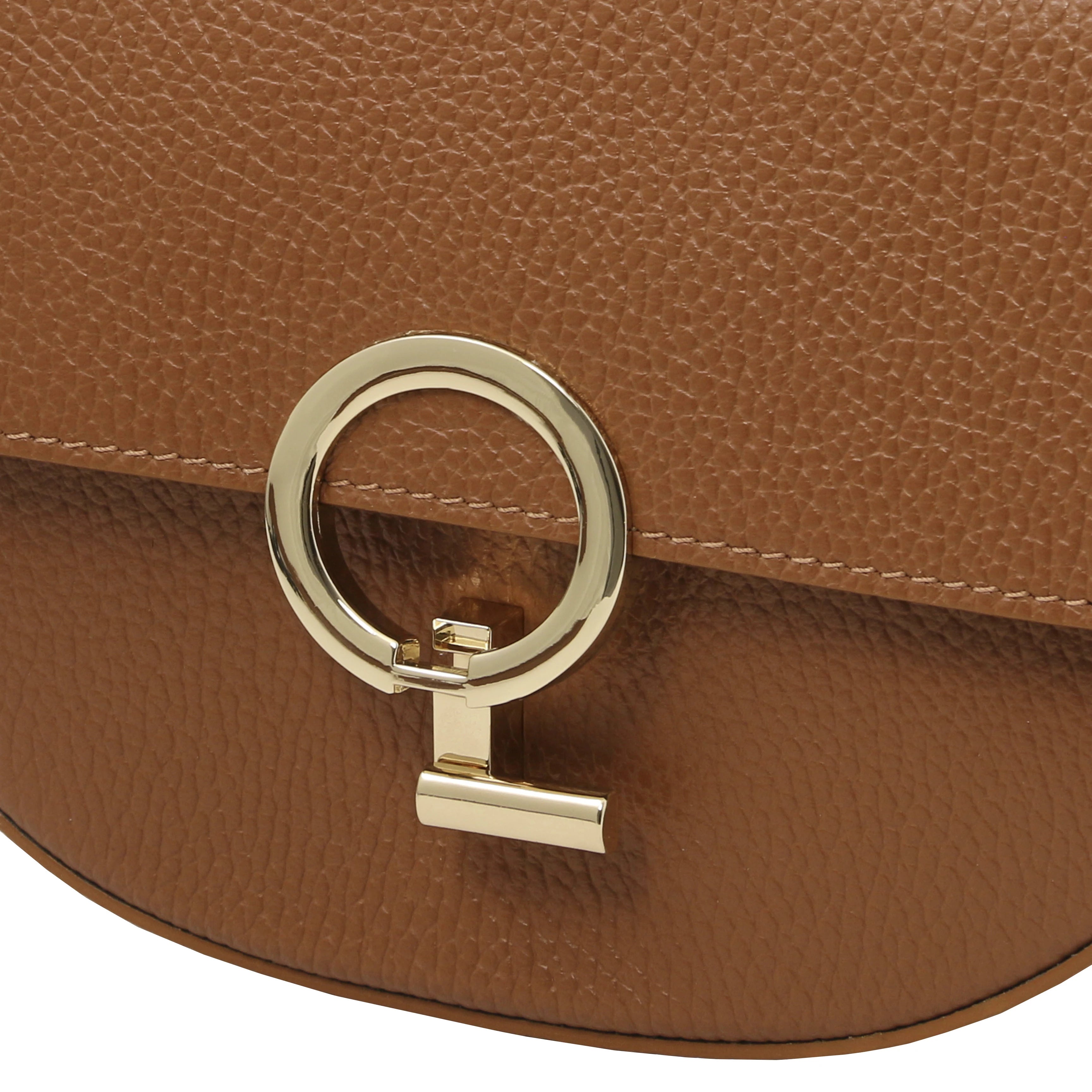 Twist Lock view Astrea Leather Shoulder Bag in cognac on a white background- L'Atelier Global