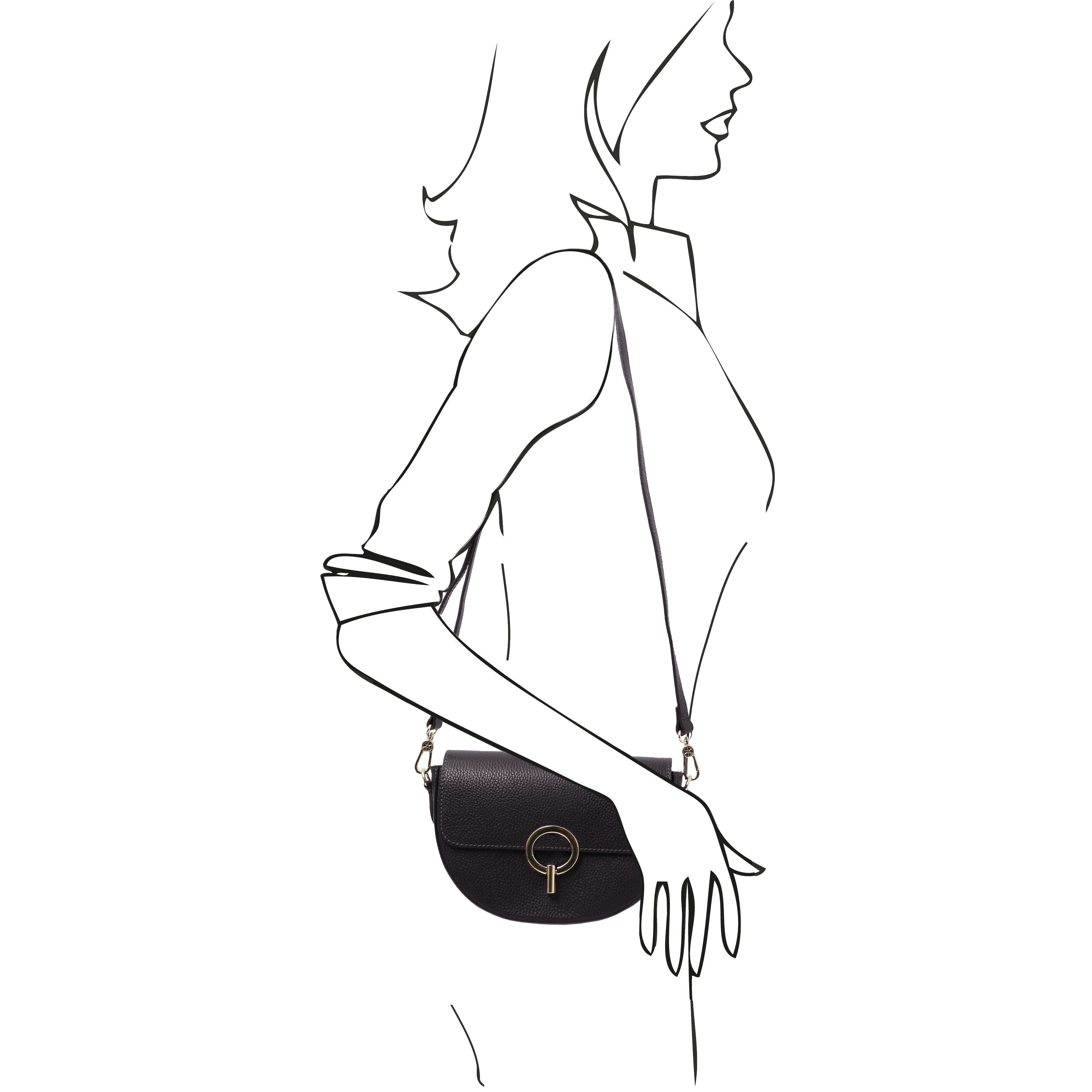 Front view Astrea Leather Shoulder Bag in black on model sketch drawn with black ink on white