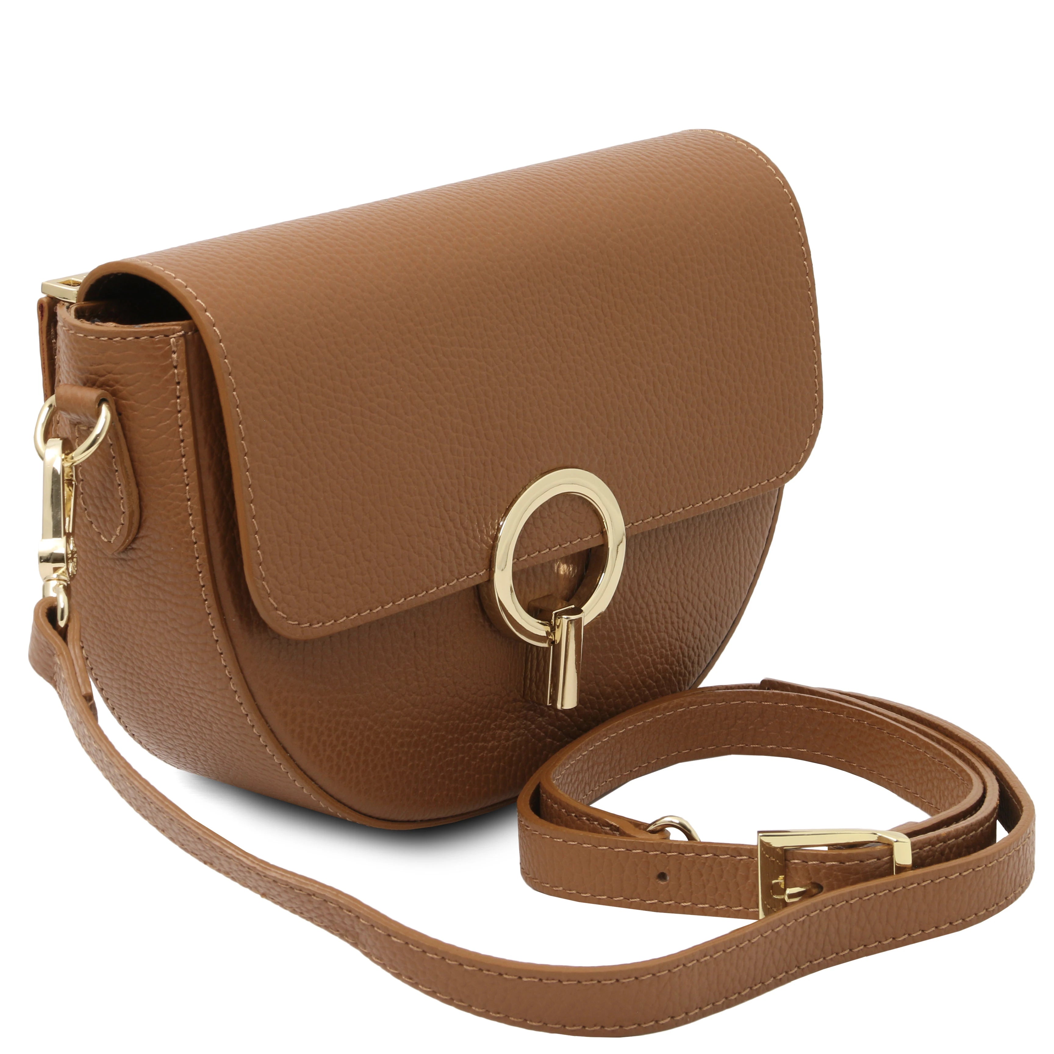 Front side view Astrea Leather Shoulder Bag in cognac on a white background- L'Atelier Global