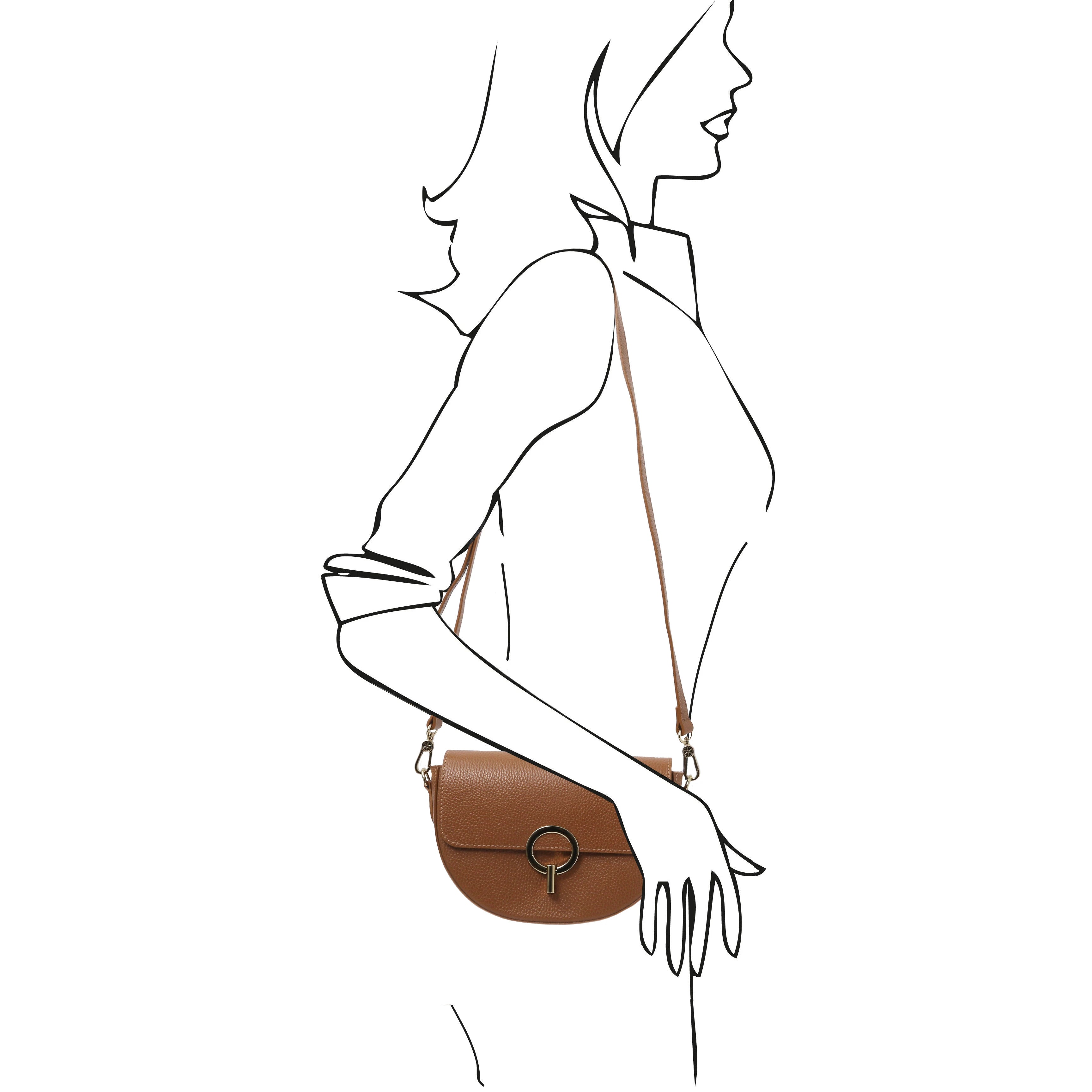 Front view Astrea Leather Shoulder Bag in cognac on model sketch drawn with black ink on white