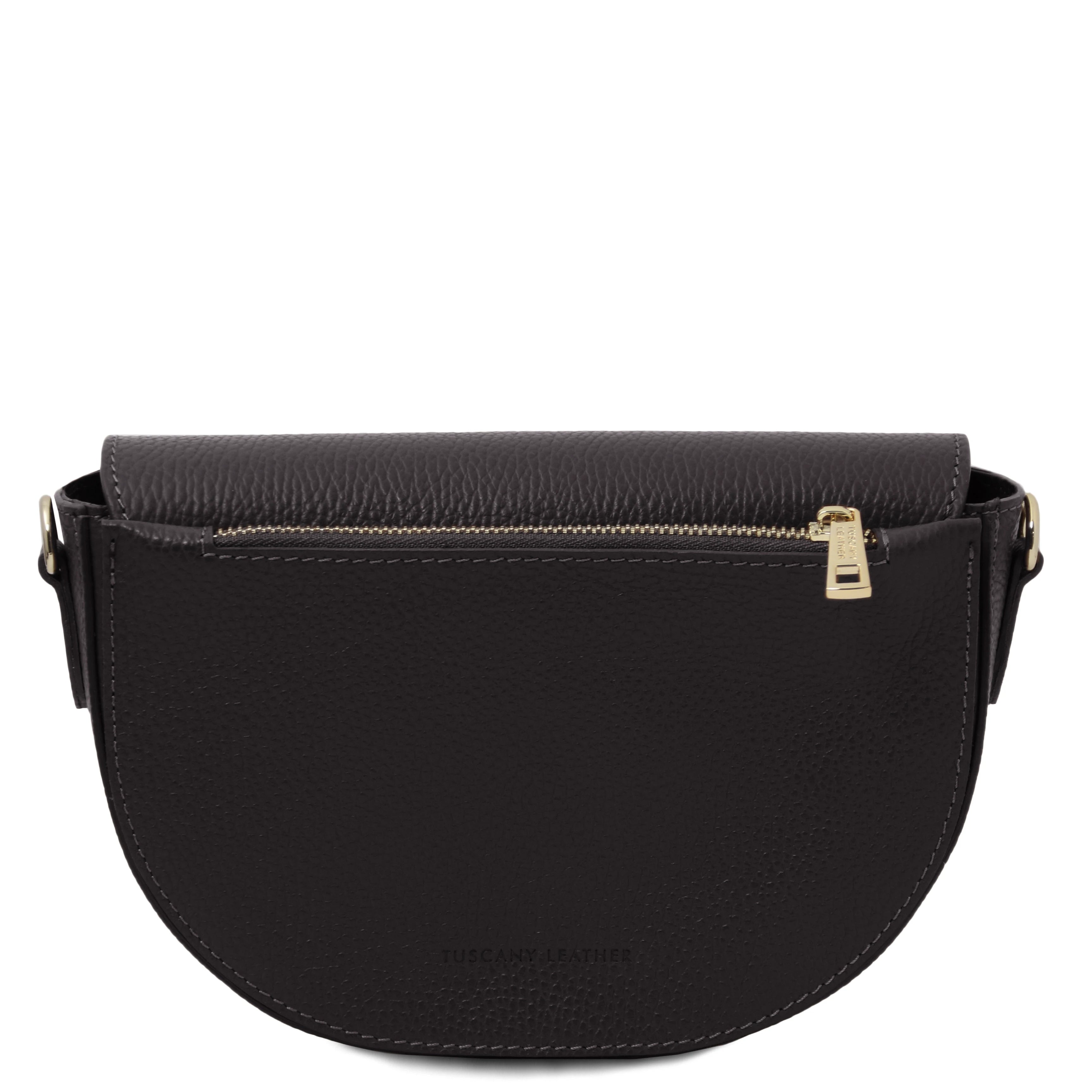 Interior zip pocketsview Astrea Leather Shoulder Bag in black on a white background