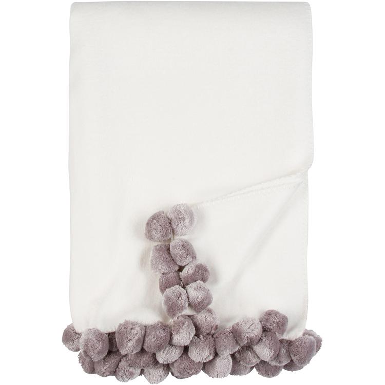 Bamboo Luxxe Pom Pom Throw in white with dove gray pom poms folded on a white background - L'Atelier Global