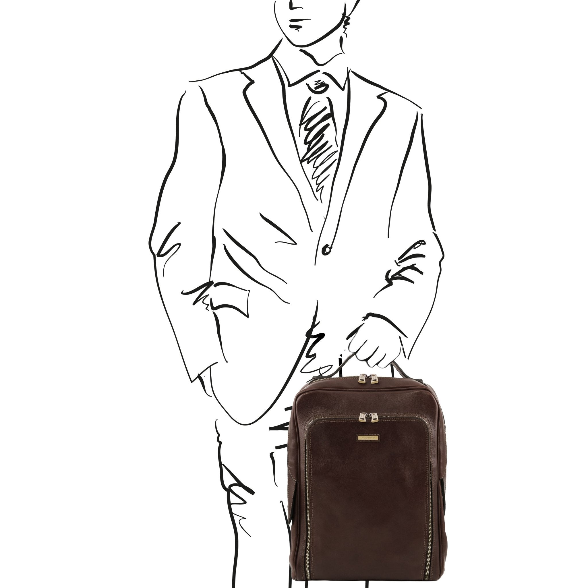 A sketch of a man holding the Bangkok Leather Laptop Backpack in Dark Brown to show its size and scale - L'Atelier Global