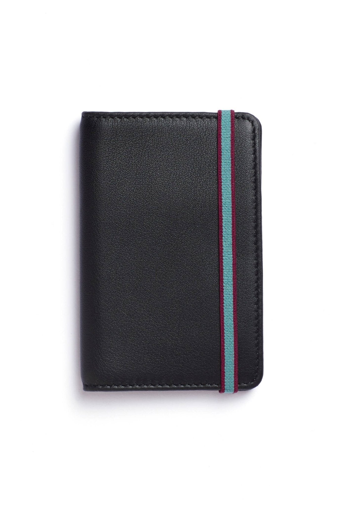 Black Leather Card Holder with a blue elastic closure on a white background - L'Atelier Global