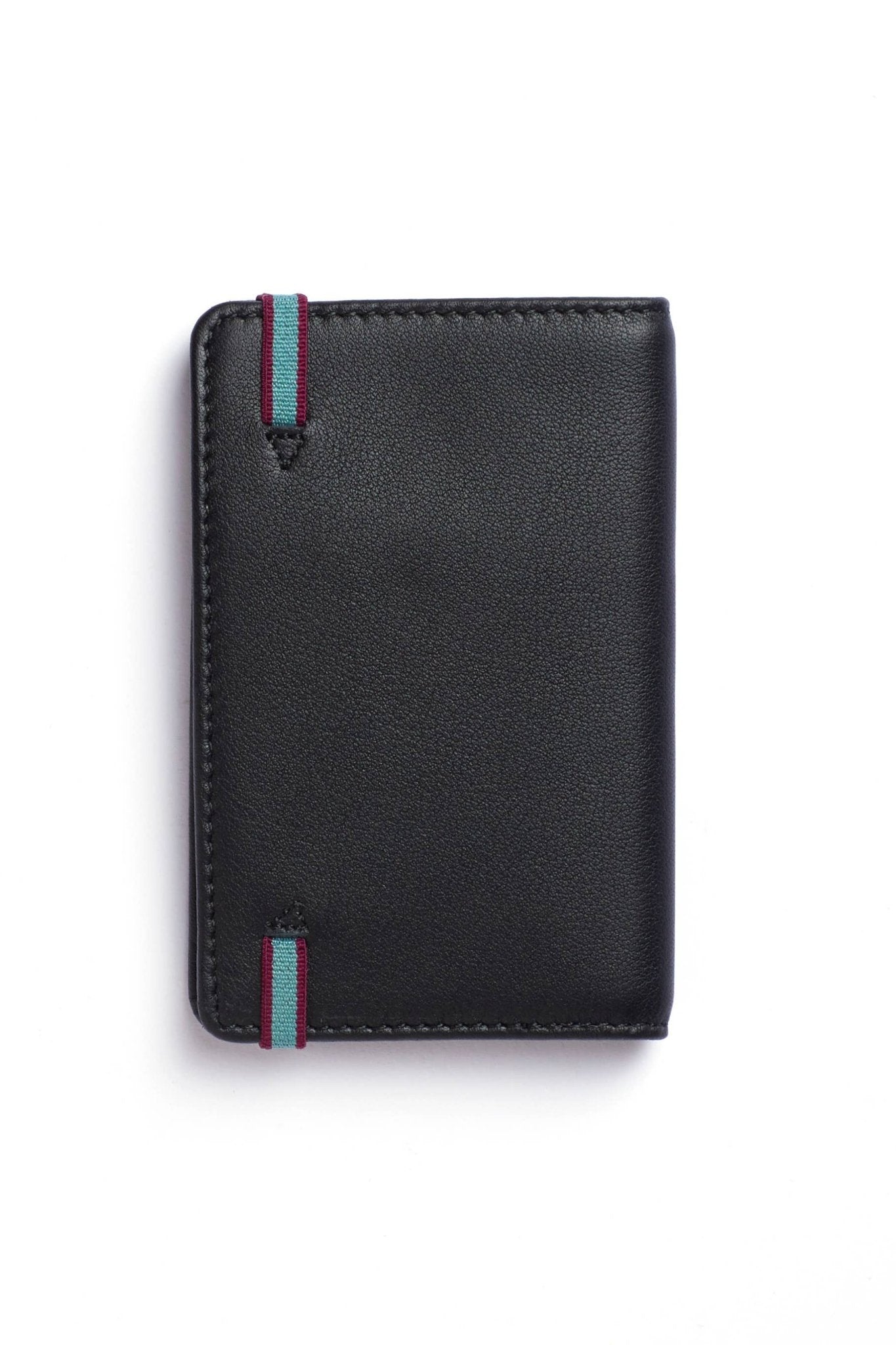 The back of the Black Leather Card Holder with a blue elastic closure on a white background - L'Atelier Global