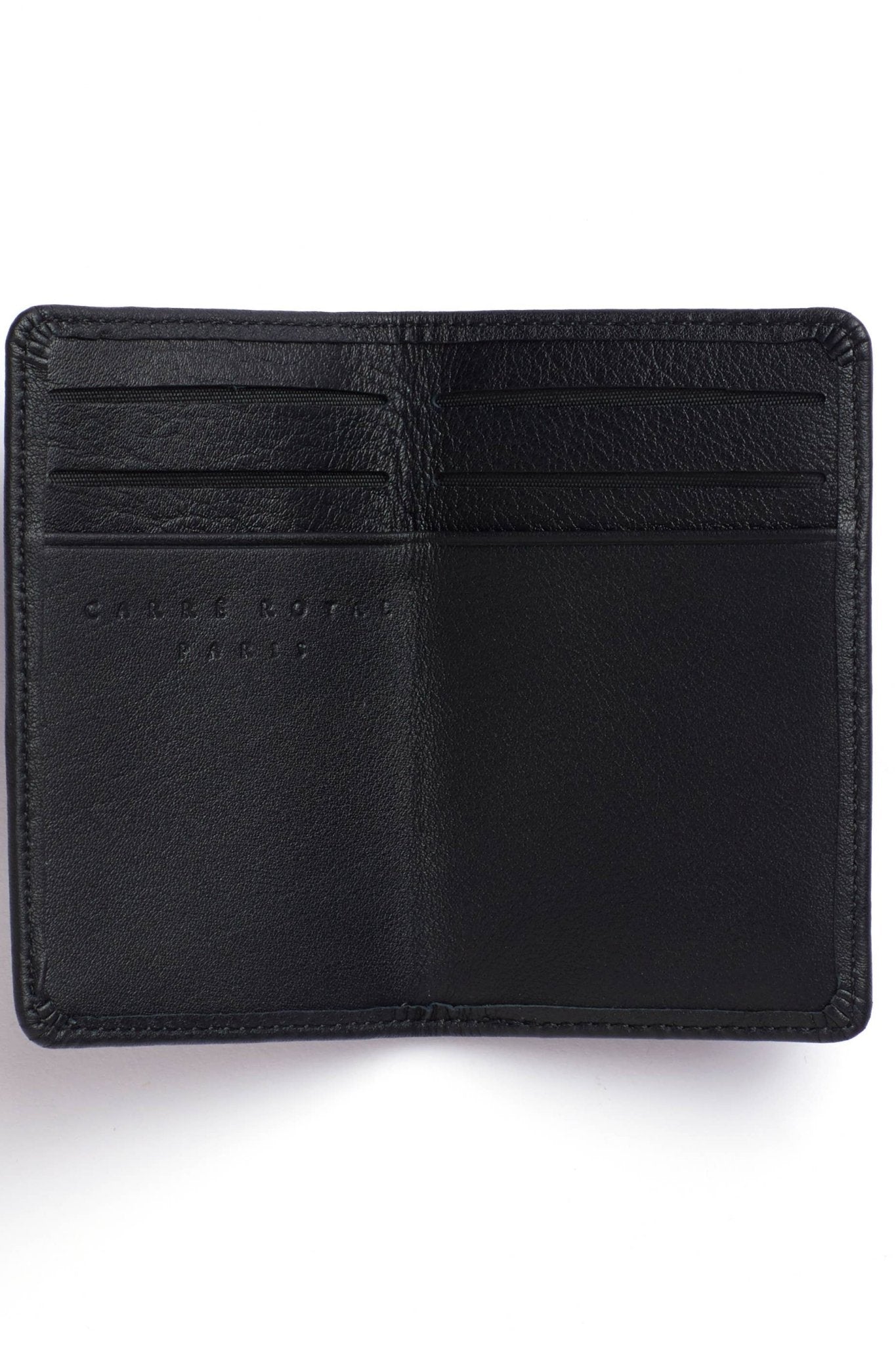 Interior view of the Black Leather Card Holder with a blue elastic closure on a white background - L'Atelier Global