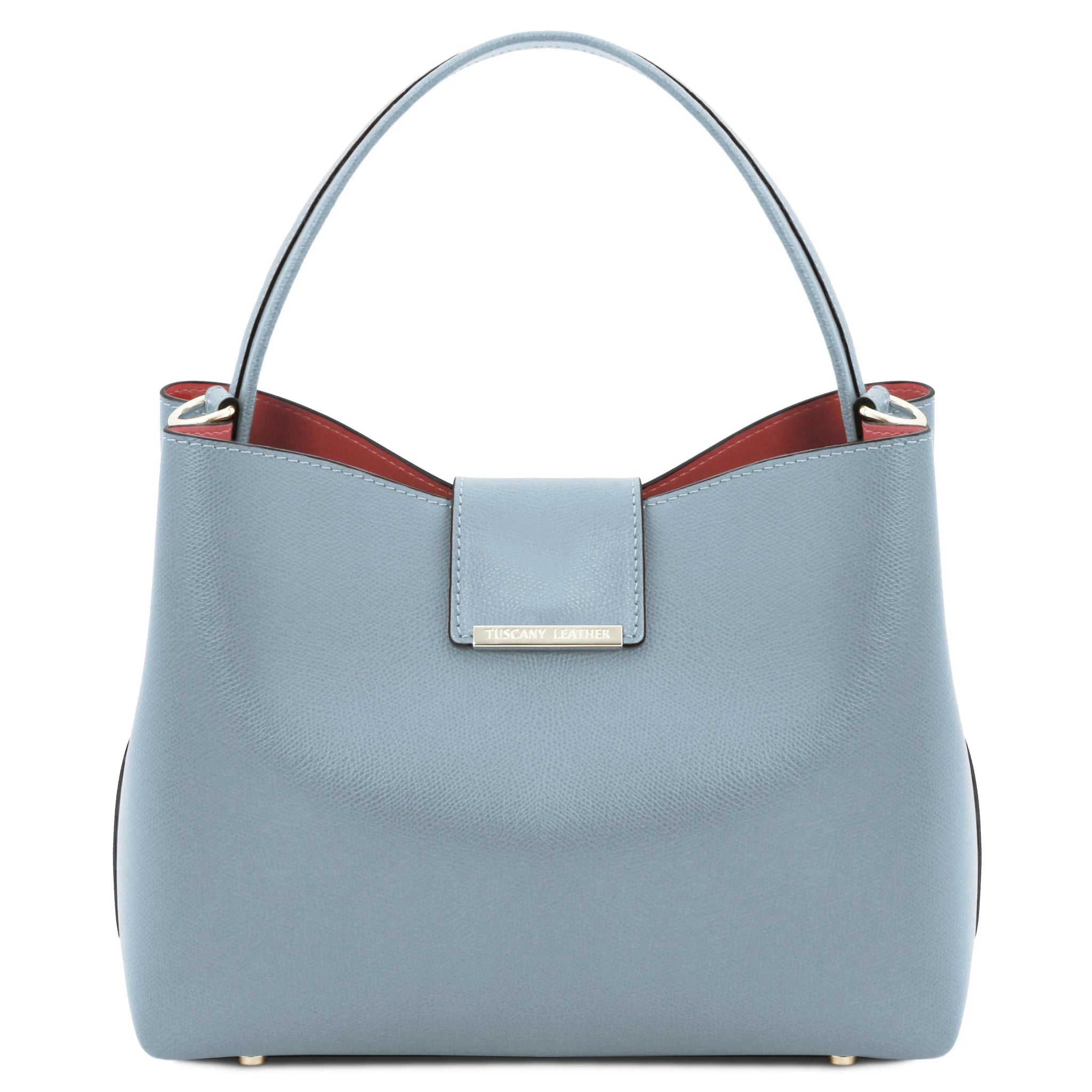 Clio Italian Pebbled Leather Secchiello Bag in Light Blue Front of Bag showing Magnetic closure and handle