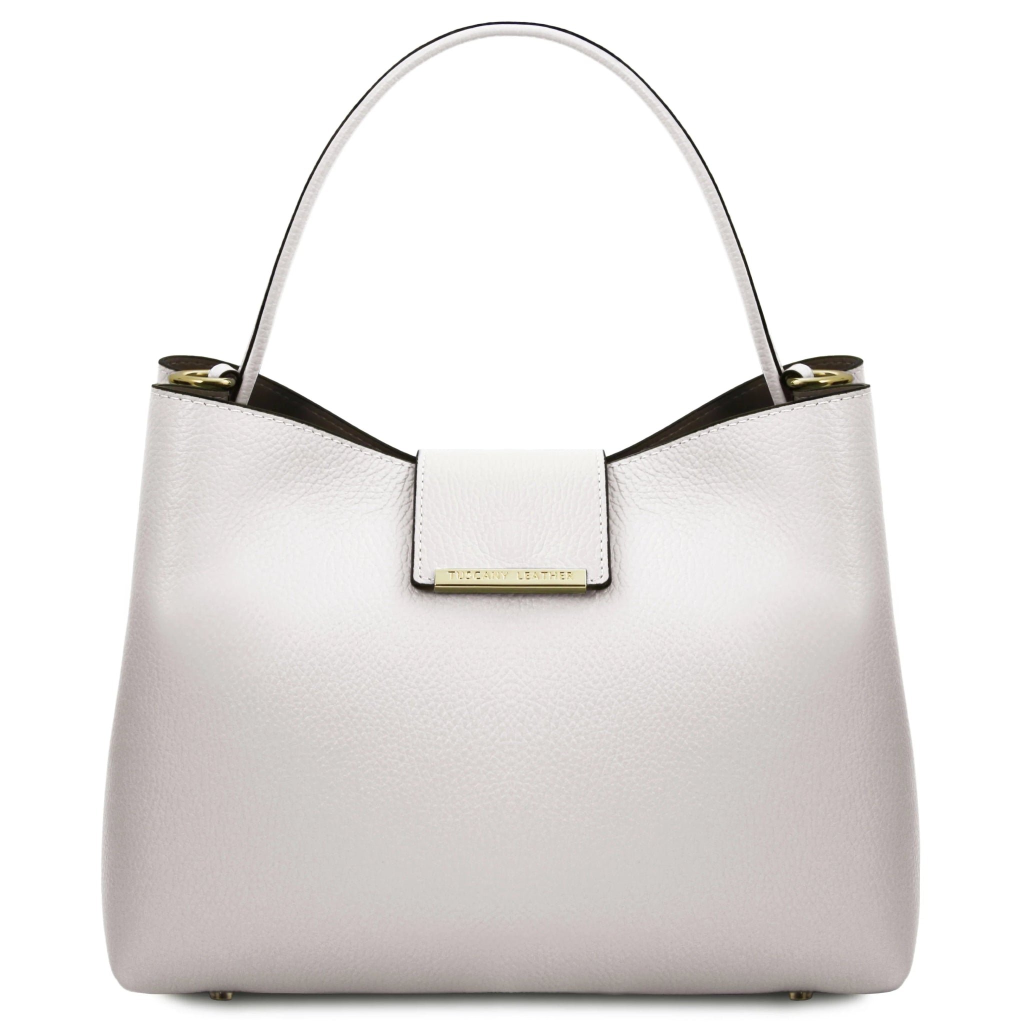 Clio Italian Pebbled Leather Secchiello Bag in White Front of Bag showing Magnetic closure and handle