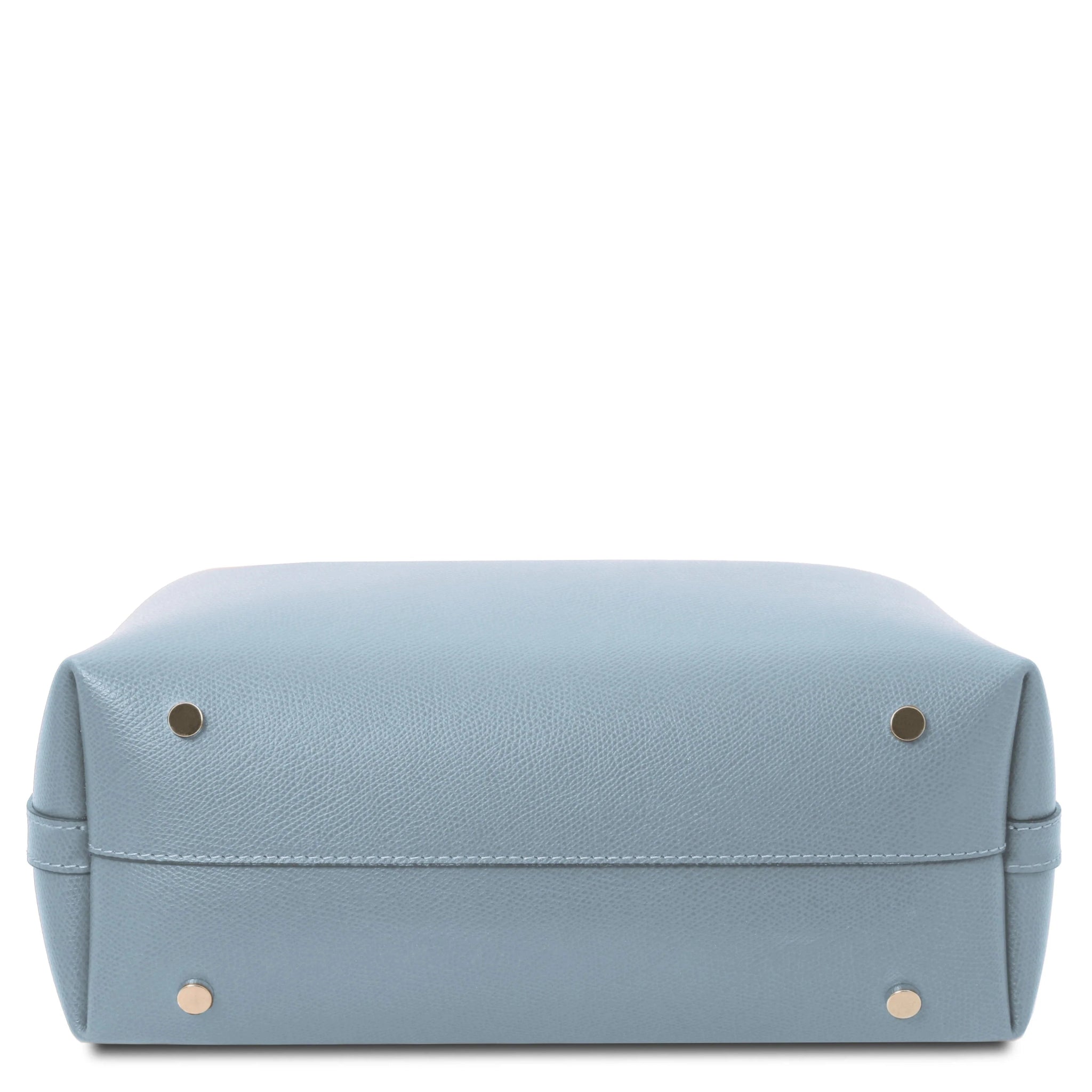 Clio Italian Pebbled Leather Secchiello Bag in Light Blue showing bottom of bag with four protective silver feet