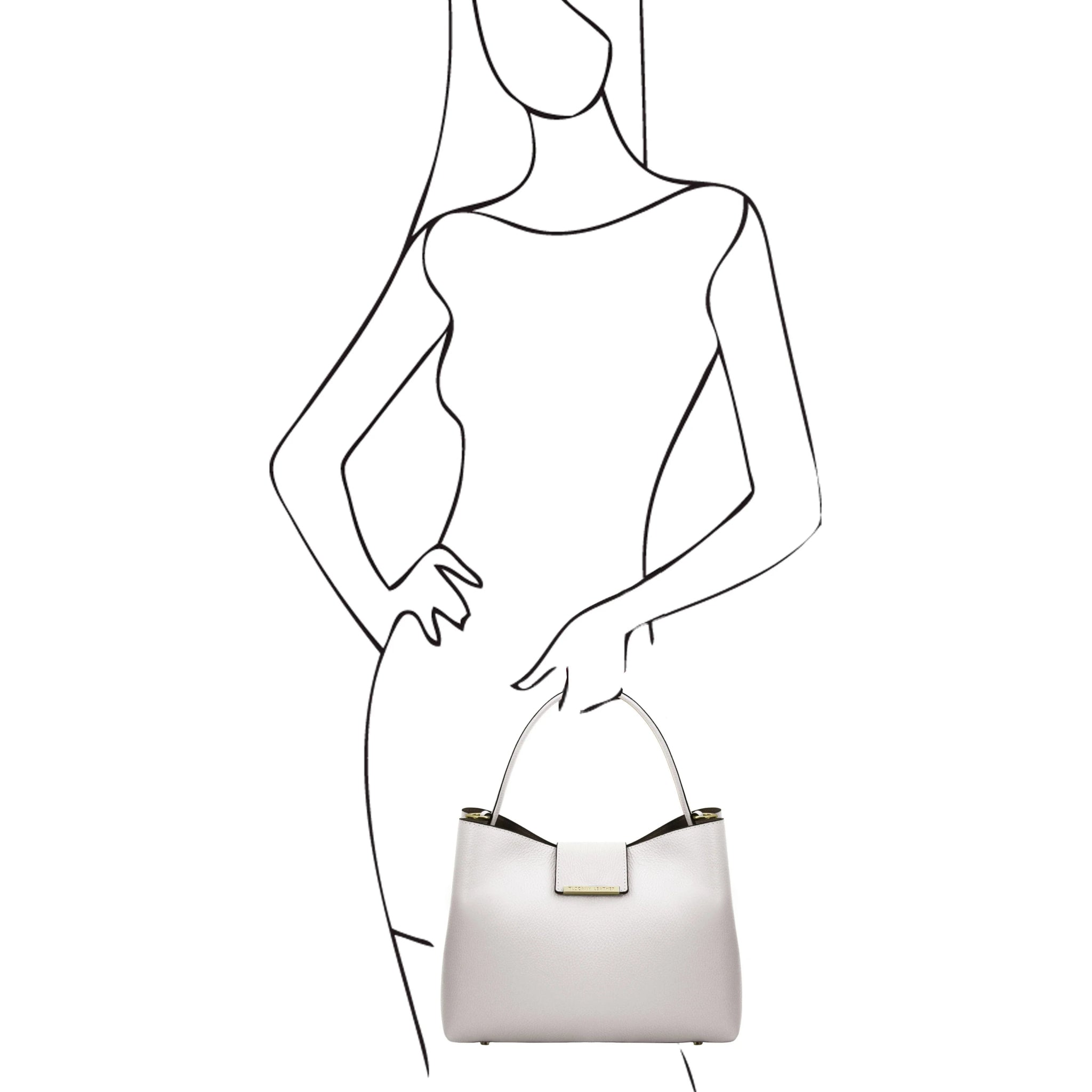 Black sketch on white background of Female model standing, holding the Pebbled Leather Secchiello Bag in White