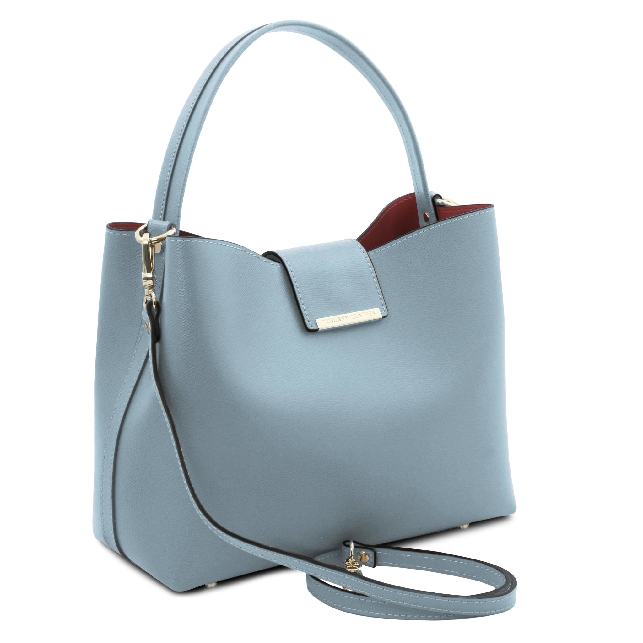 Front Angled View Clio Italian Pebbled Leather Secchiello Bag in Light Blue showing detachable shoulder strap