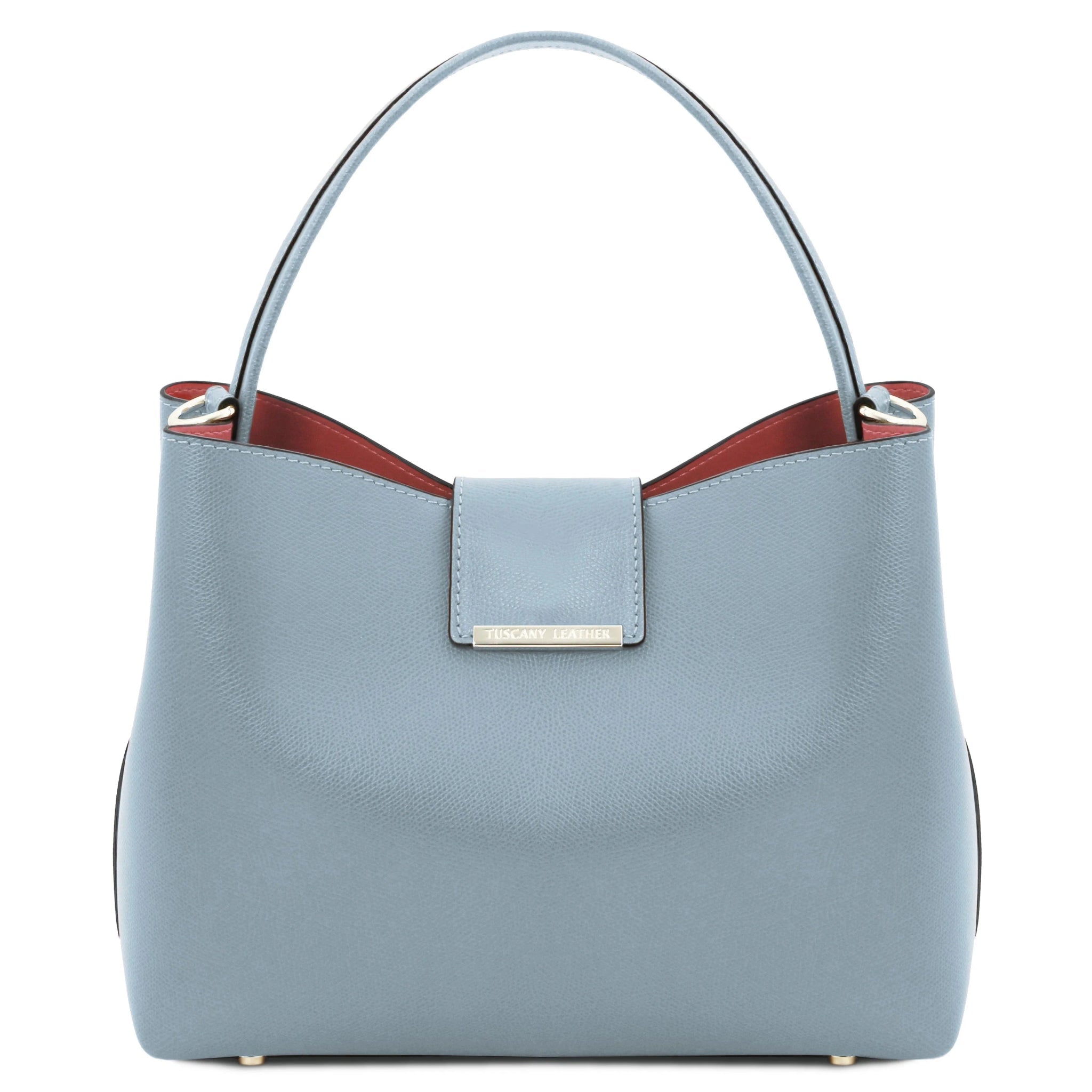 Front view Clio Italian Pebbled Leather Secchiello Bag in Light Blue on a white background