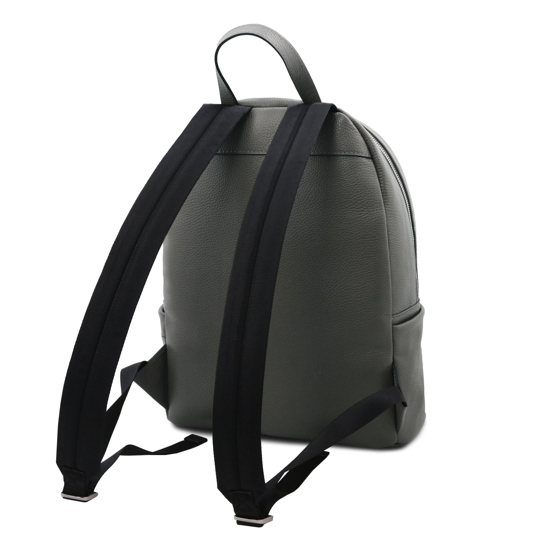 Rear shoulder strap view Dakota Soft Italian Leather Backpack in gray on a white background - L'Atelier Global