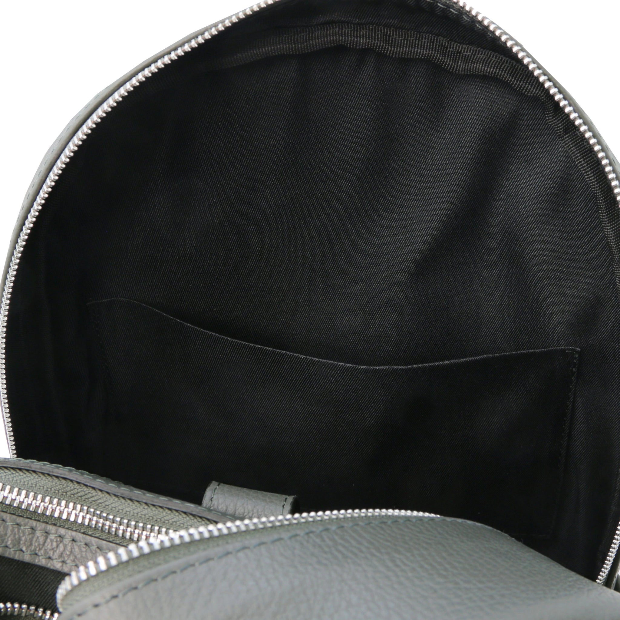 Interior open pocket view Dakota Soft Italian Leather Backpack in gray on a white background - L'Atelier Global