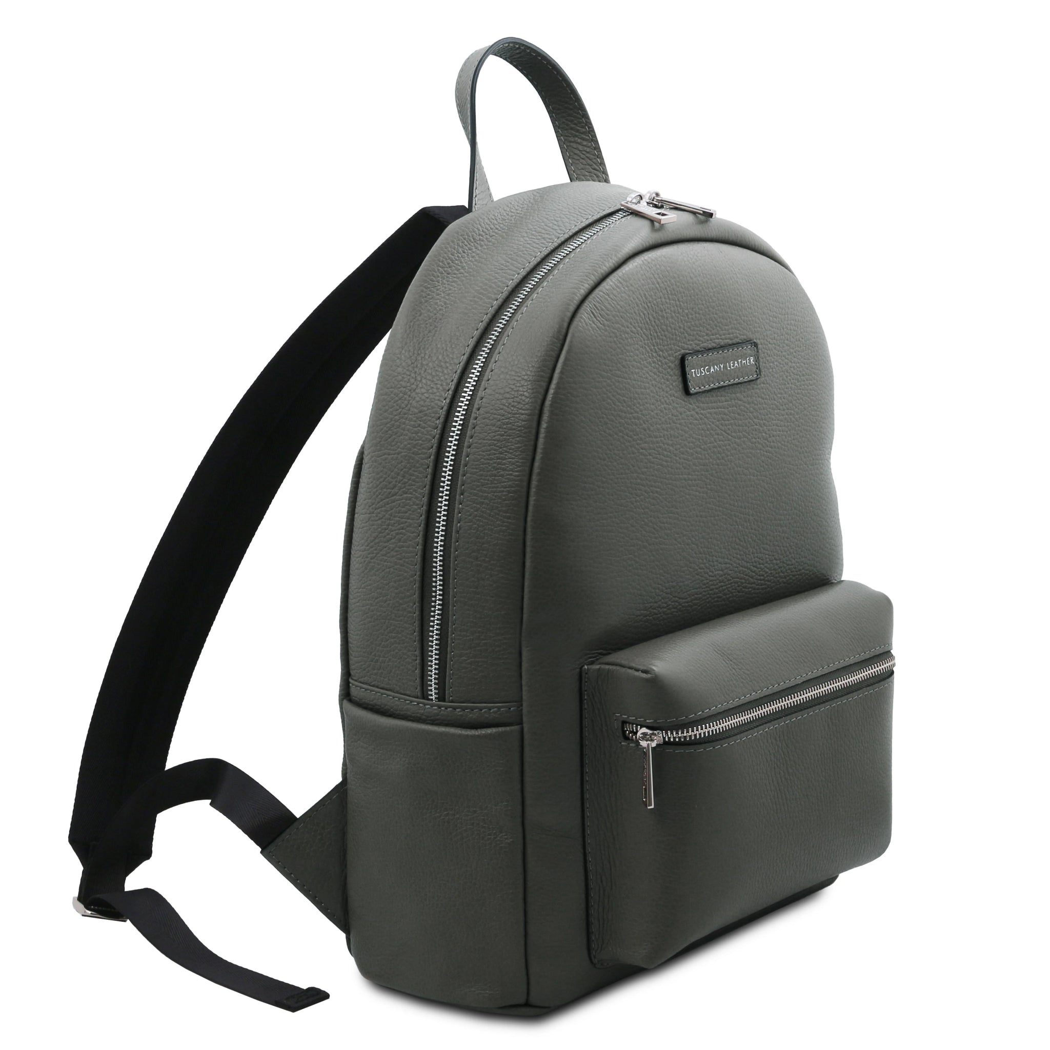 Front side view Dakota Soft Italian Leather Backpack in gray on a white background  L'Atelier Global