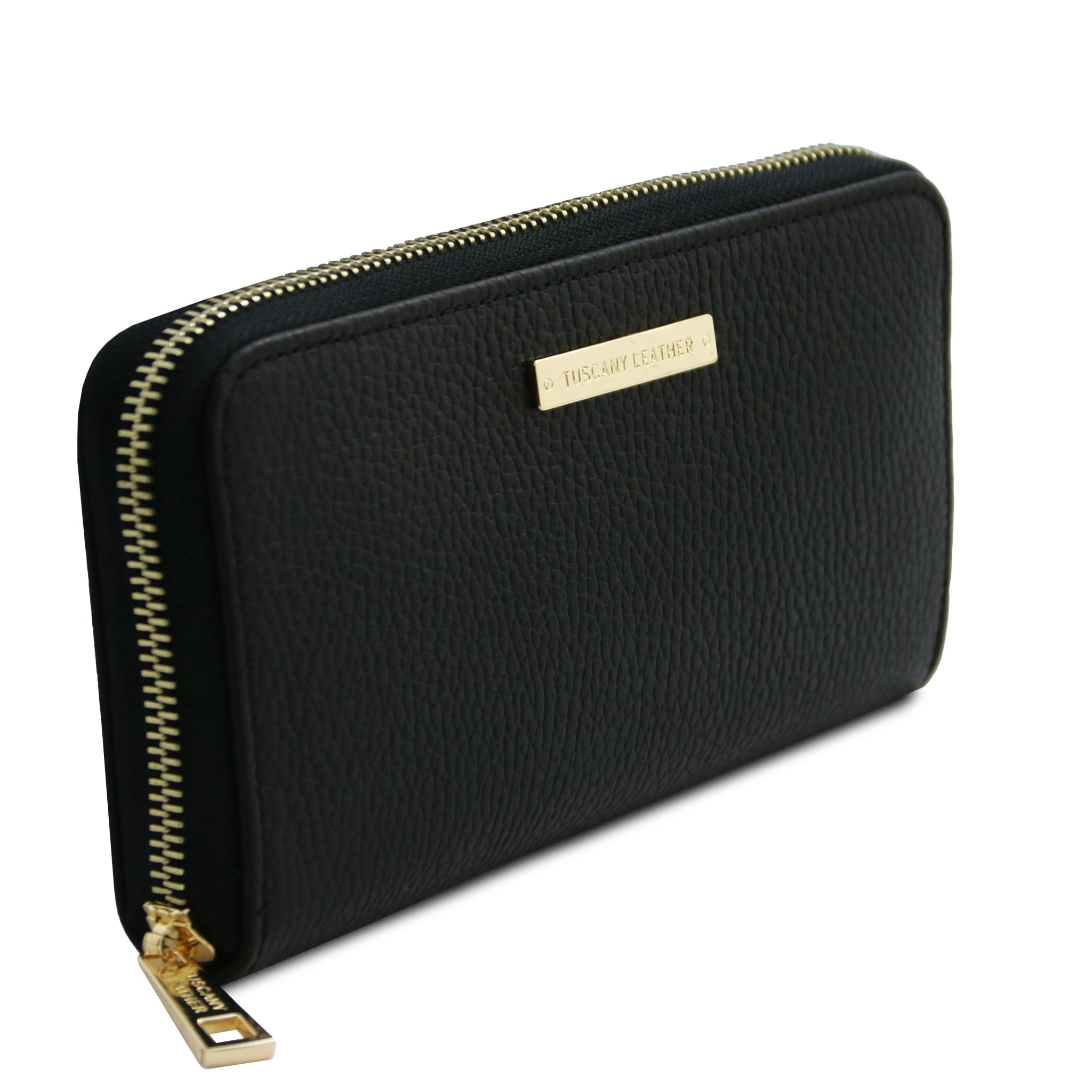 Front Side View of Eris Exclusive Italian Leather Three Side Zip Around Wallet in Black showing gold zipper