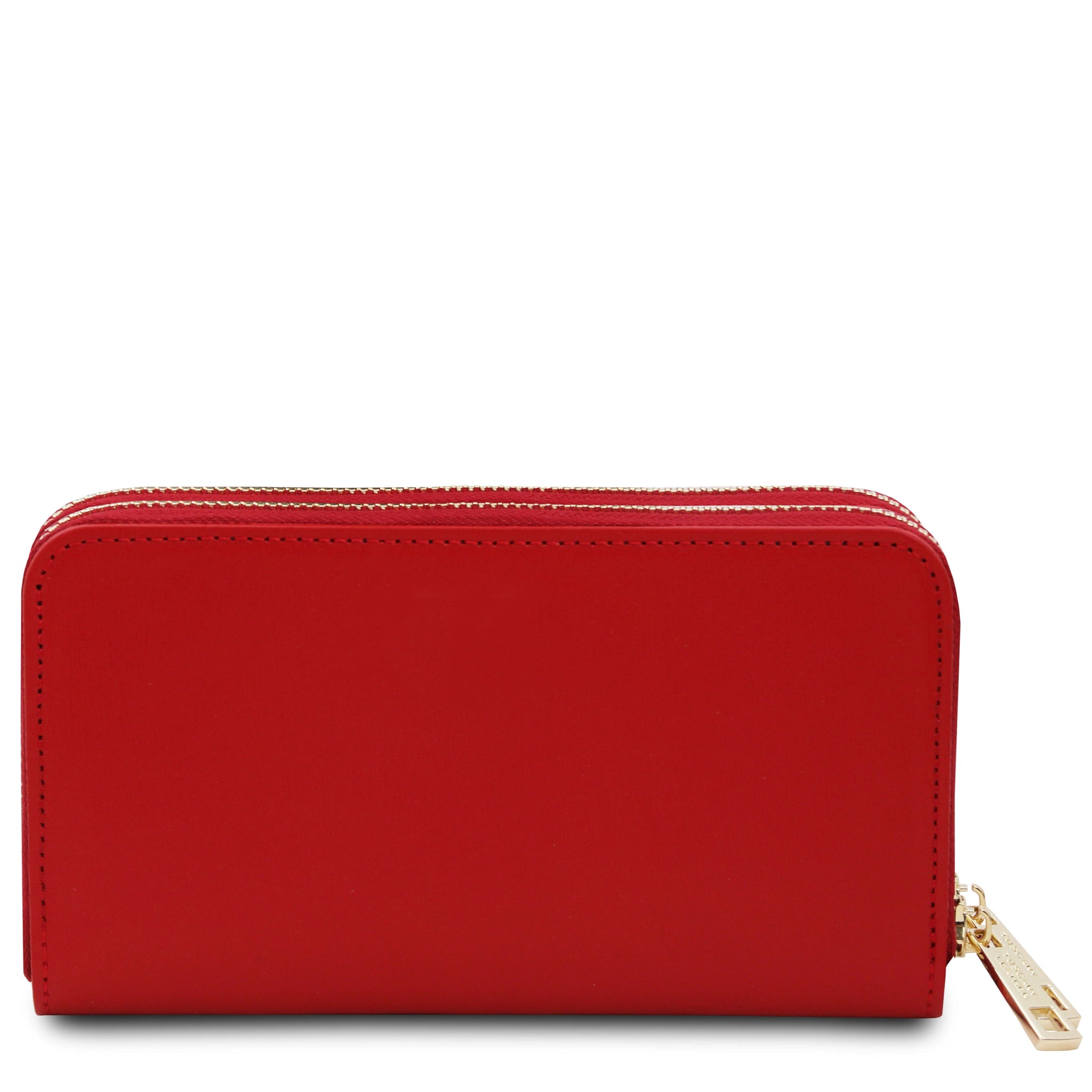 Back View Gaia Double Zip Around Soft Italian Leather Wallet in red on a white background