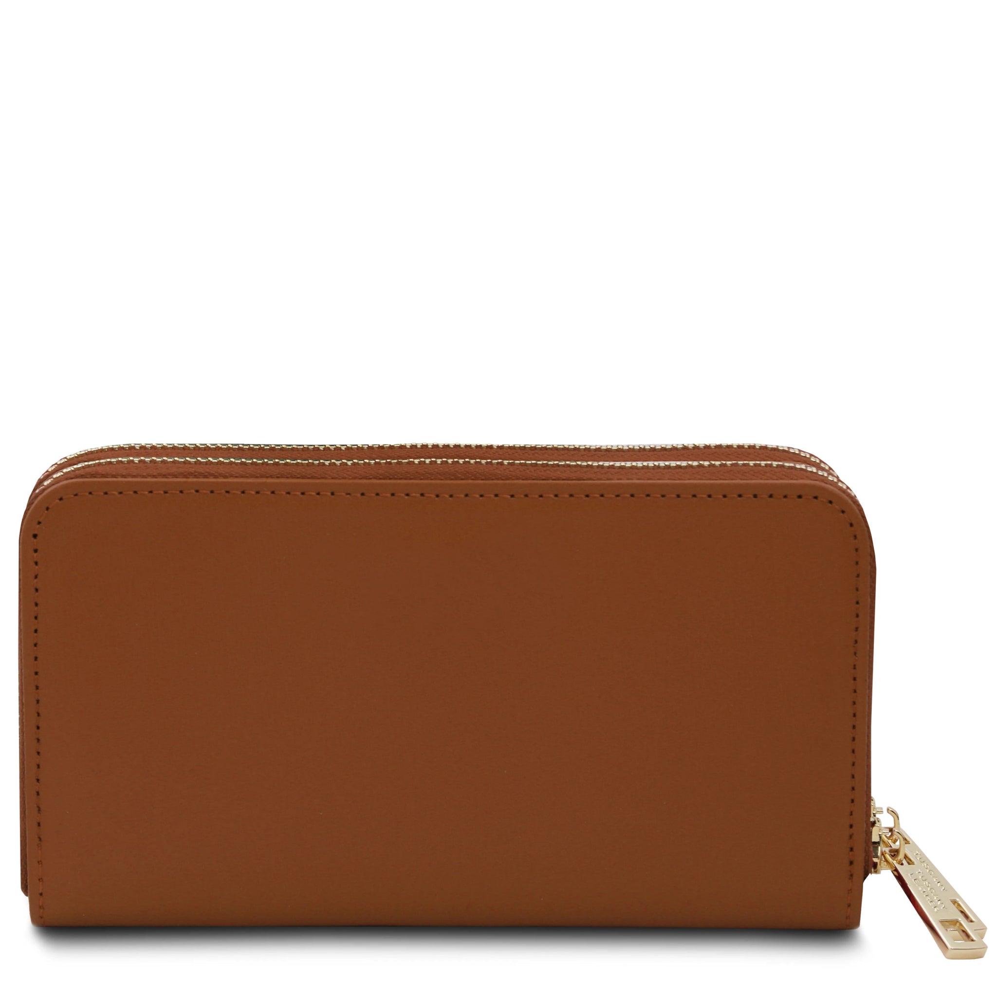 Back View Gaia Double Zip Around Soft Italian Leather Wallet in cognac on a white background