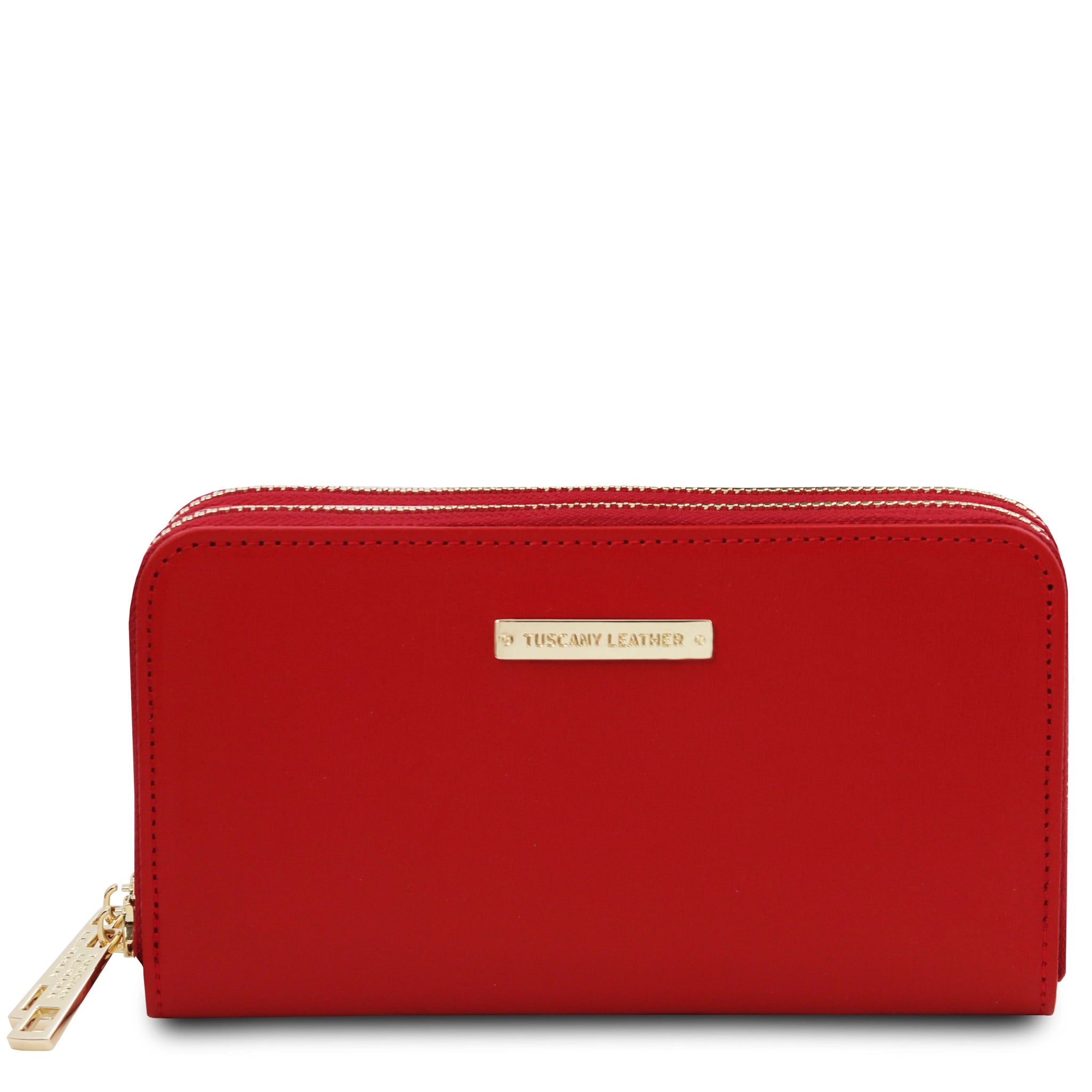 Front View Gaia Double Zip Around Soft Italian Leather Wallet in red on a white background