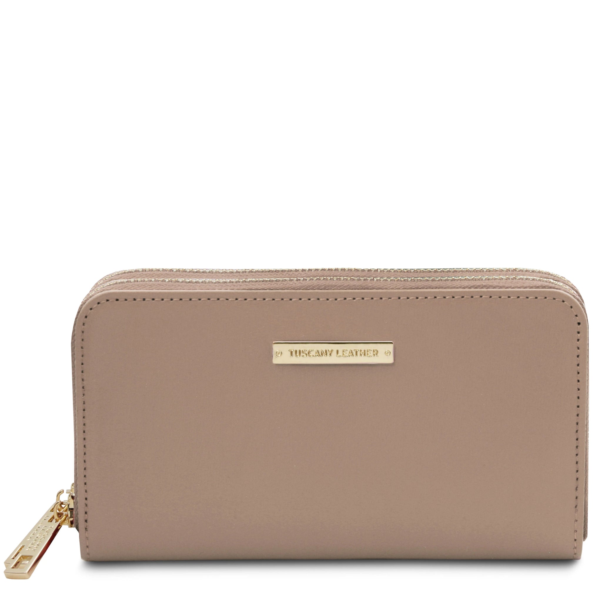 Front View Gaia Double Zip Around Soft Italian Leather Wallet in light taupe on a white background