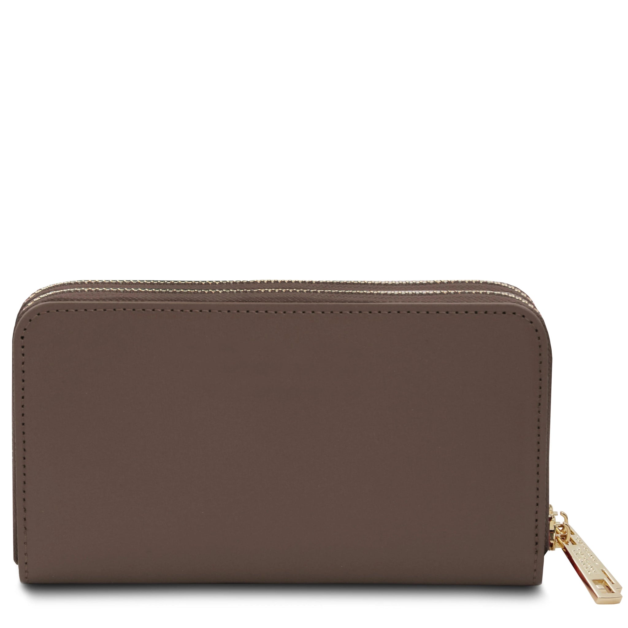 Back View Gaia Double Zip Around Soft Italian Leather Wallet in dark taupe on a white background