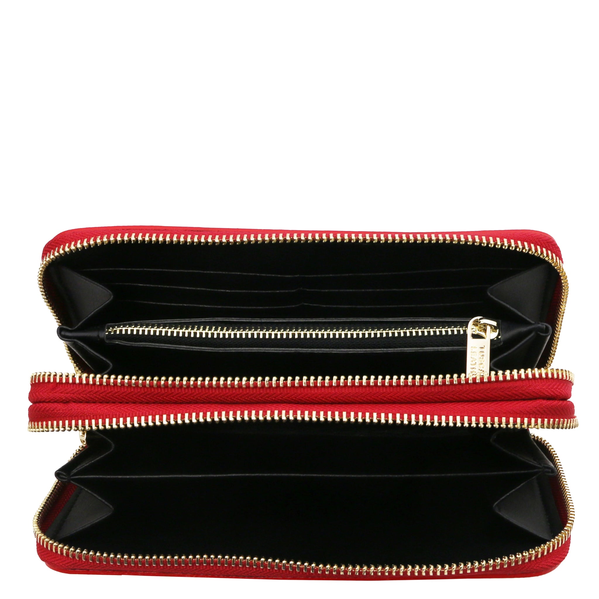 Top full interior view Gaia Double Zip Around Soft Italian Leather Wallet in red two three-side zippered compartments on a white background