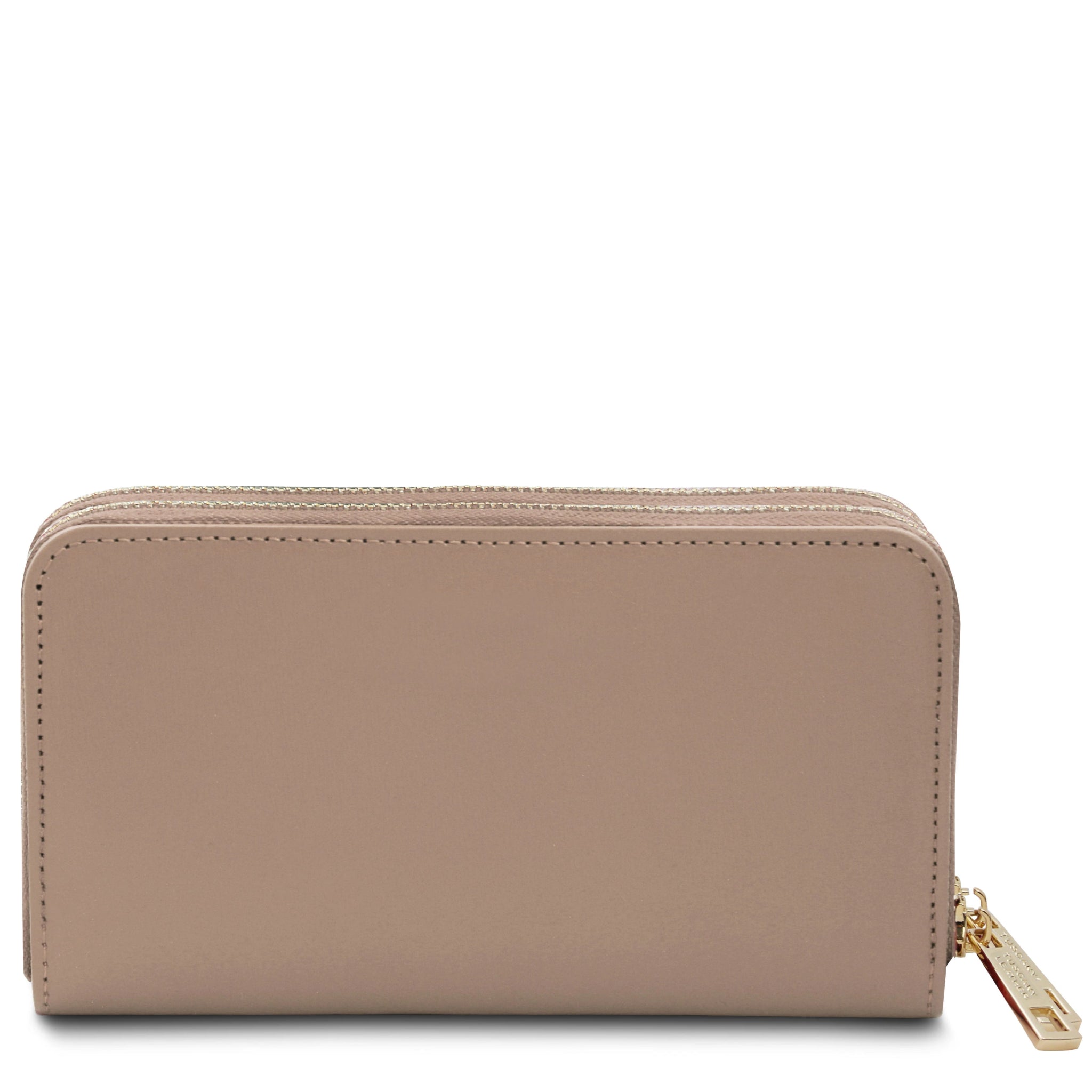 Back View Gaia Double Zip Around Soft Italian Leather Wallet in light taupe on a white background