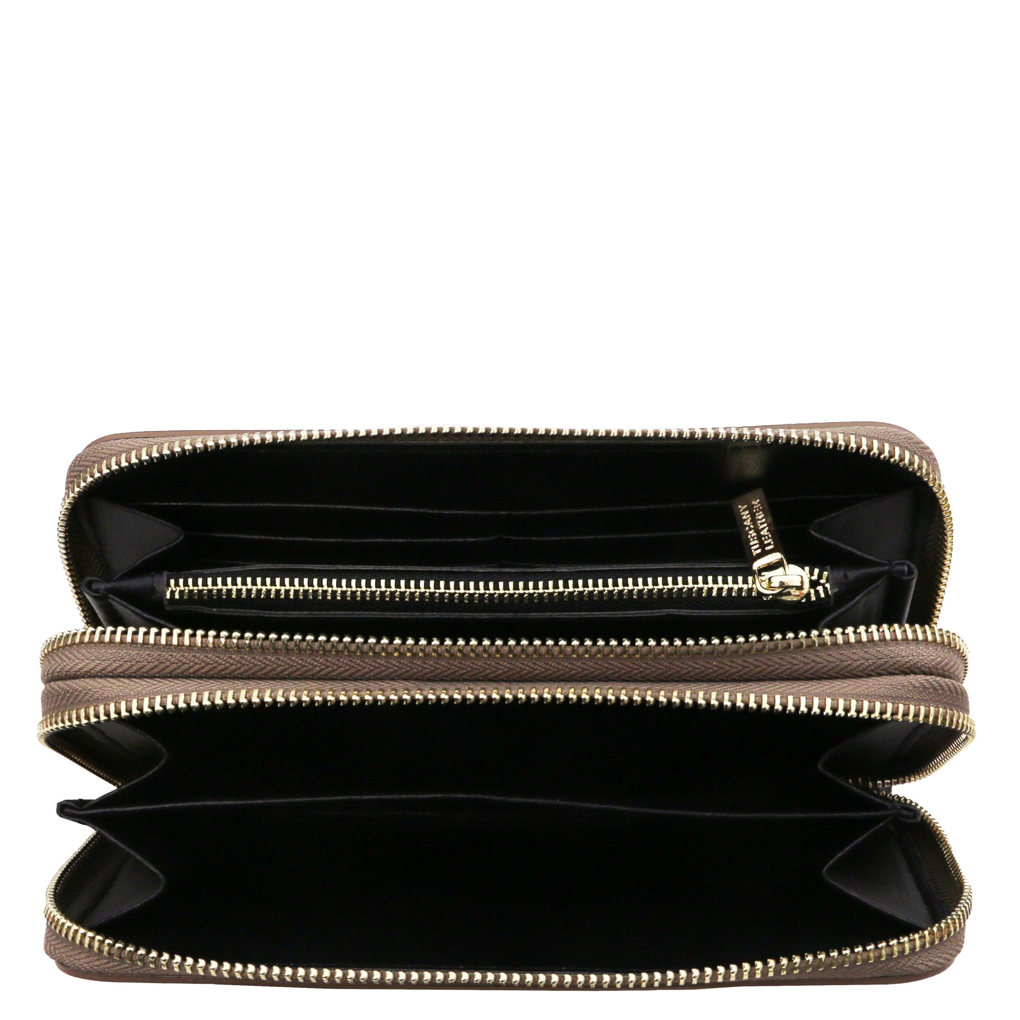 Top full interior view Gaia Double Zip Around Soft Italian Leather Wallet in dark taupe two three-side zippered compartments on a white background