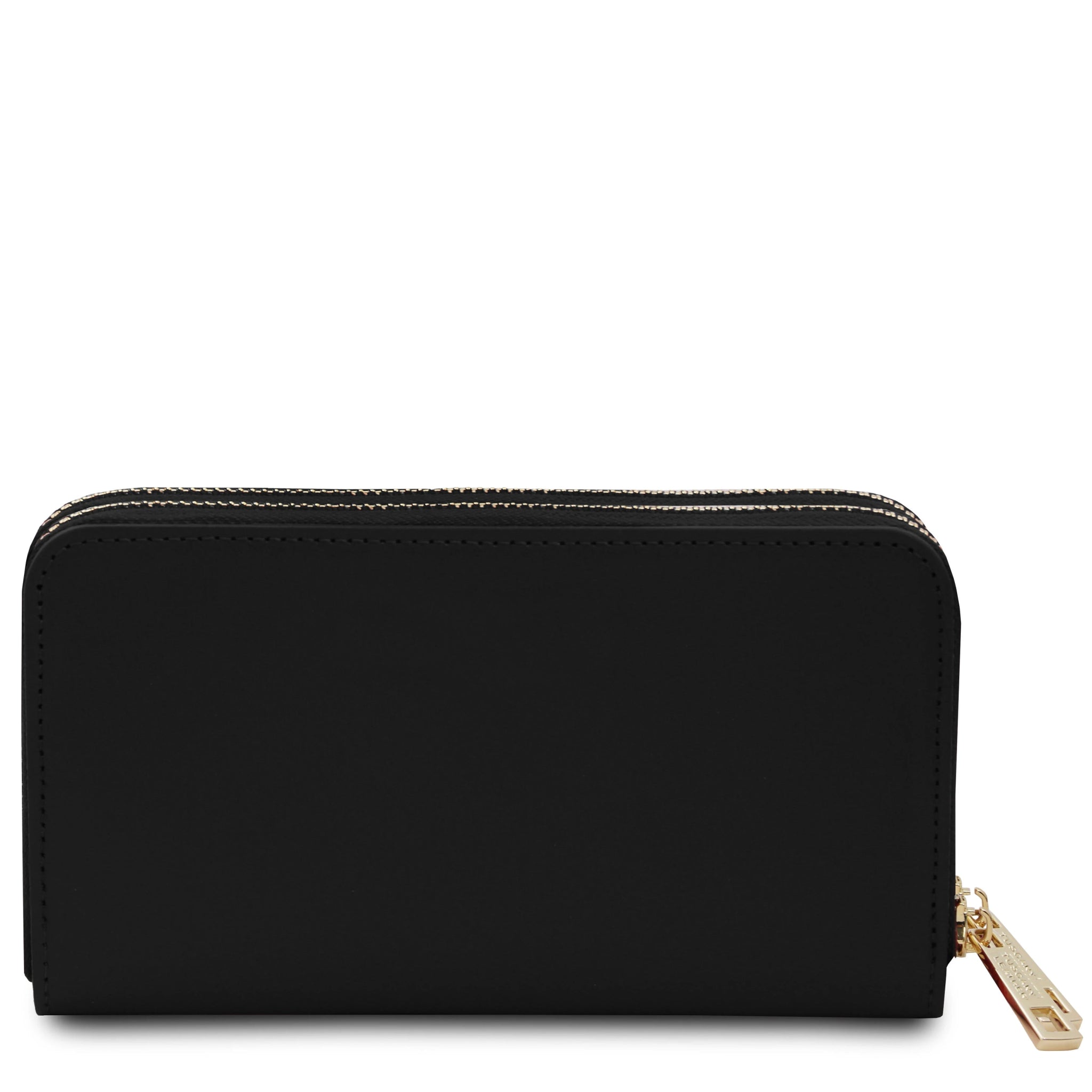 Back View Gaia Double Zip Around Soft Italian Leather Wallet in black on a white background