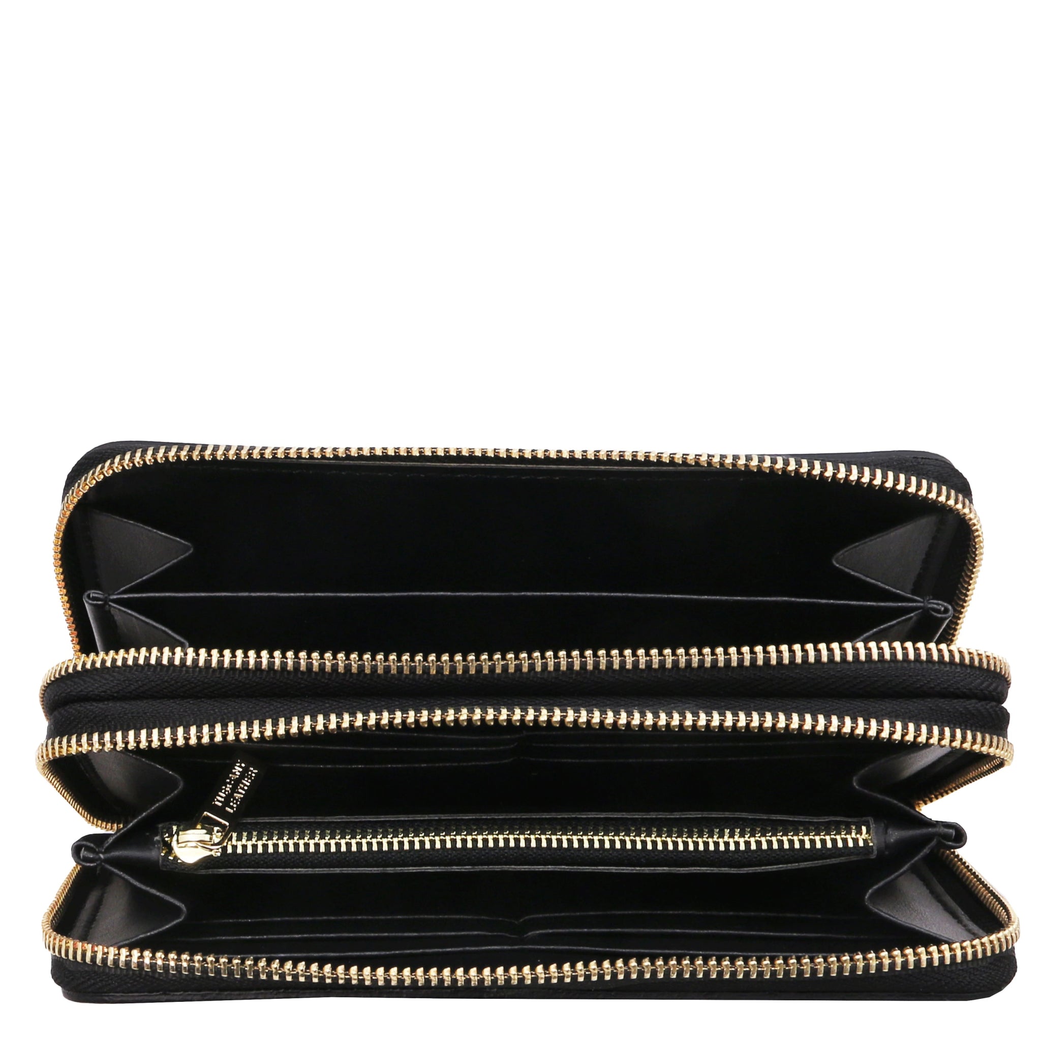 Top full interior view Gaia Double Zip Around Soft Italian Leather Wallet in black two three-side zippered compartments on a white background