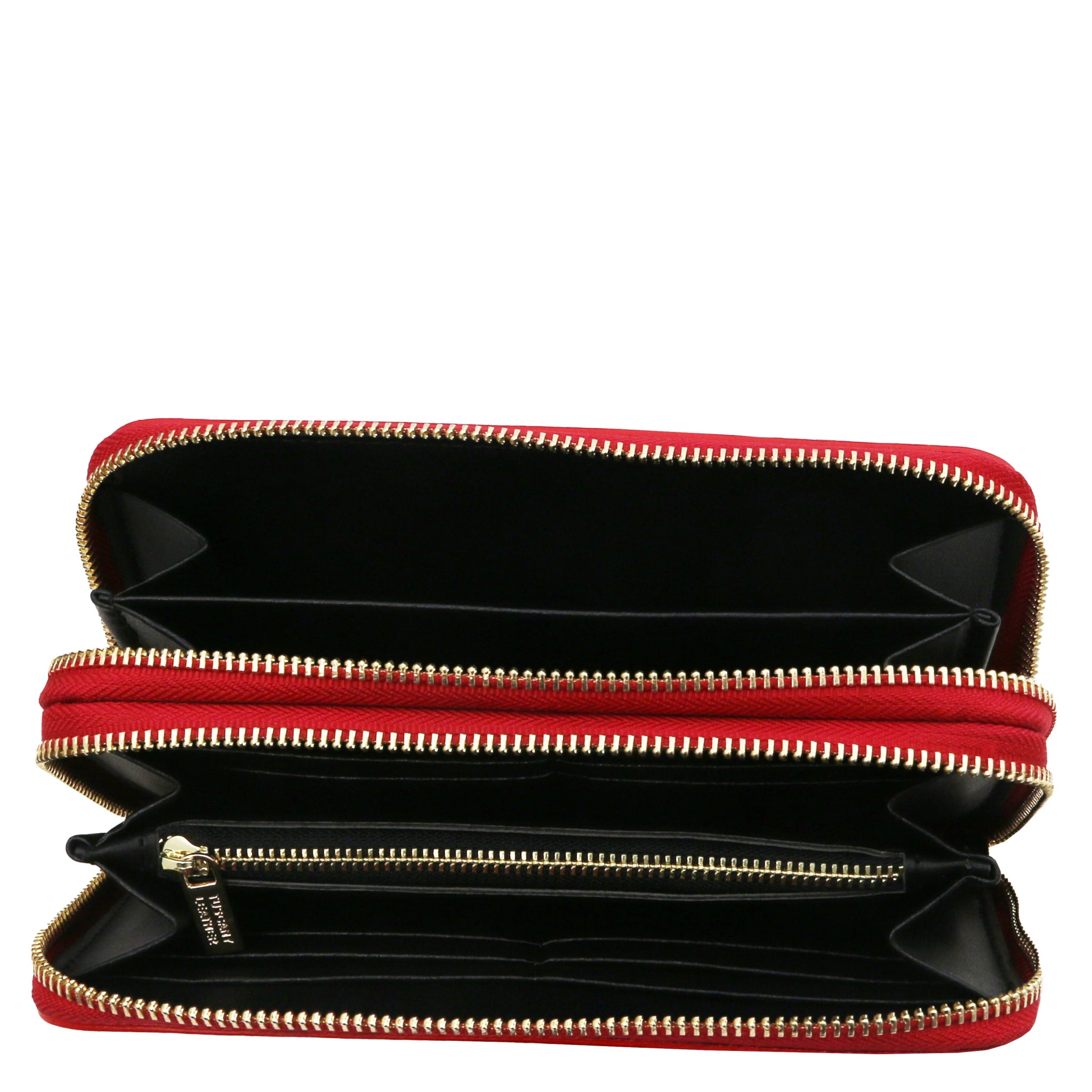 Top full interior view Gaia Double Zip Around Soft Italian Leather Wallet in red two three-side zippered compartments on a white background