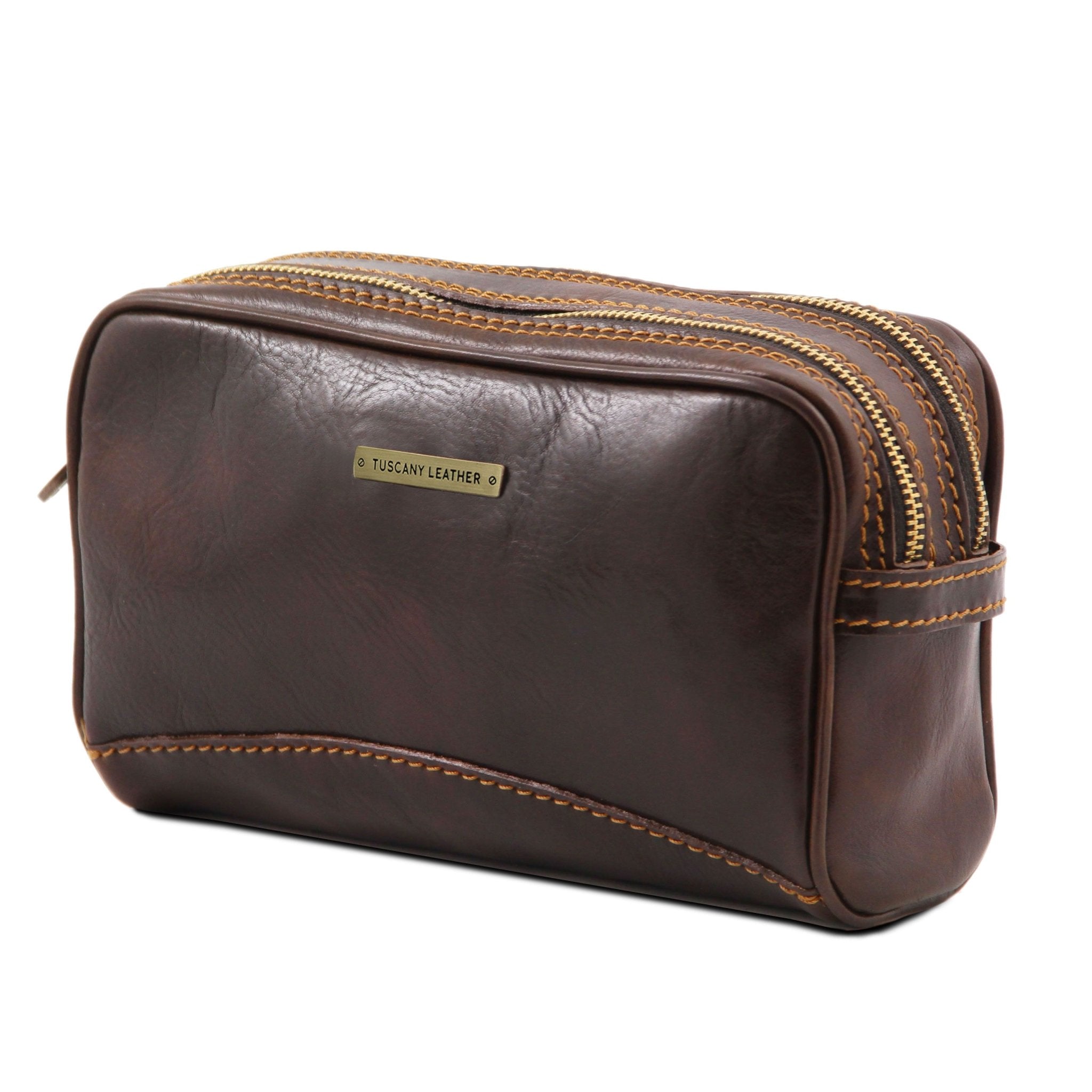 Igor Leather Toilet Bag in Dark Brown Side View on white space - L'Atelier Global