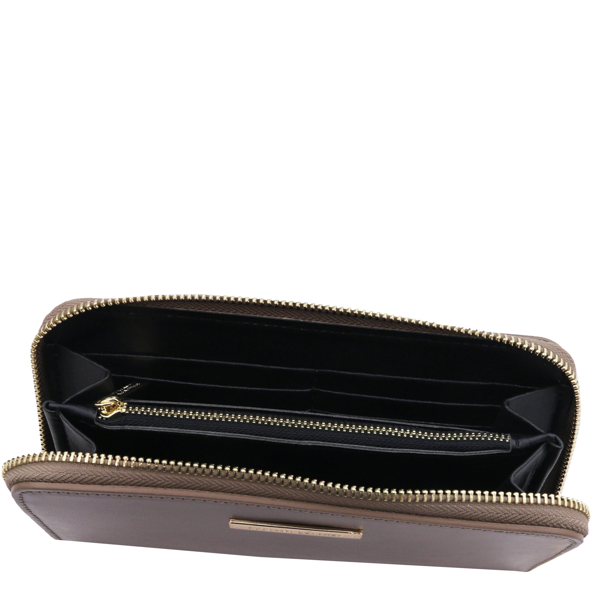 Top interior view Ilizia Exclusive three side Zip Around Leather Wallet in dark taupe showing coin zip pocket, card slots and dark interior 