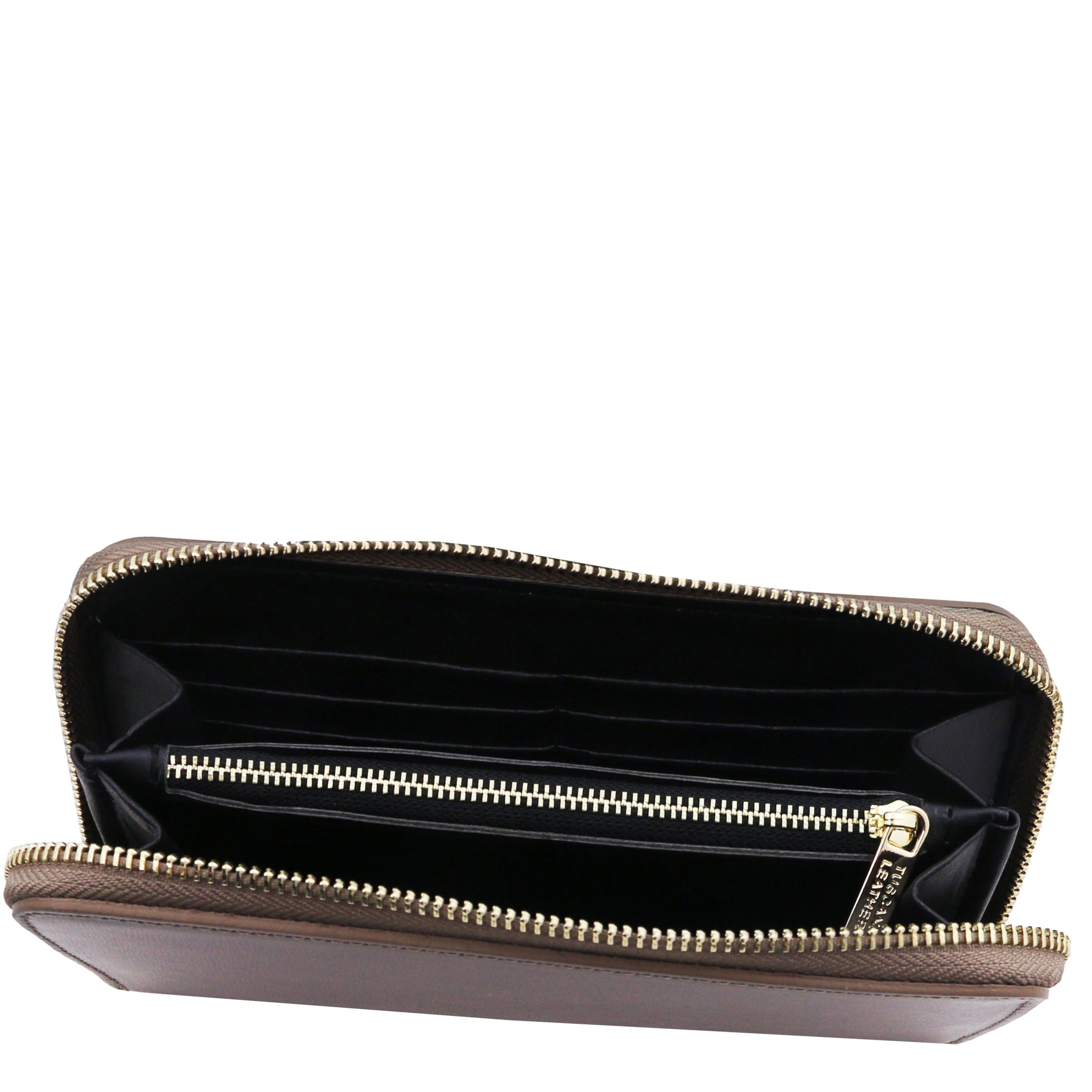 Top interior view Ilizia Exclusive three side Zip Around Leather Wallet in dark taupe showing coin zip pocket and card slots 