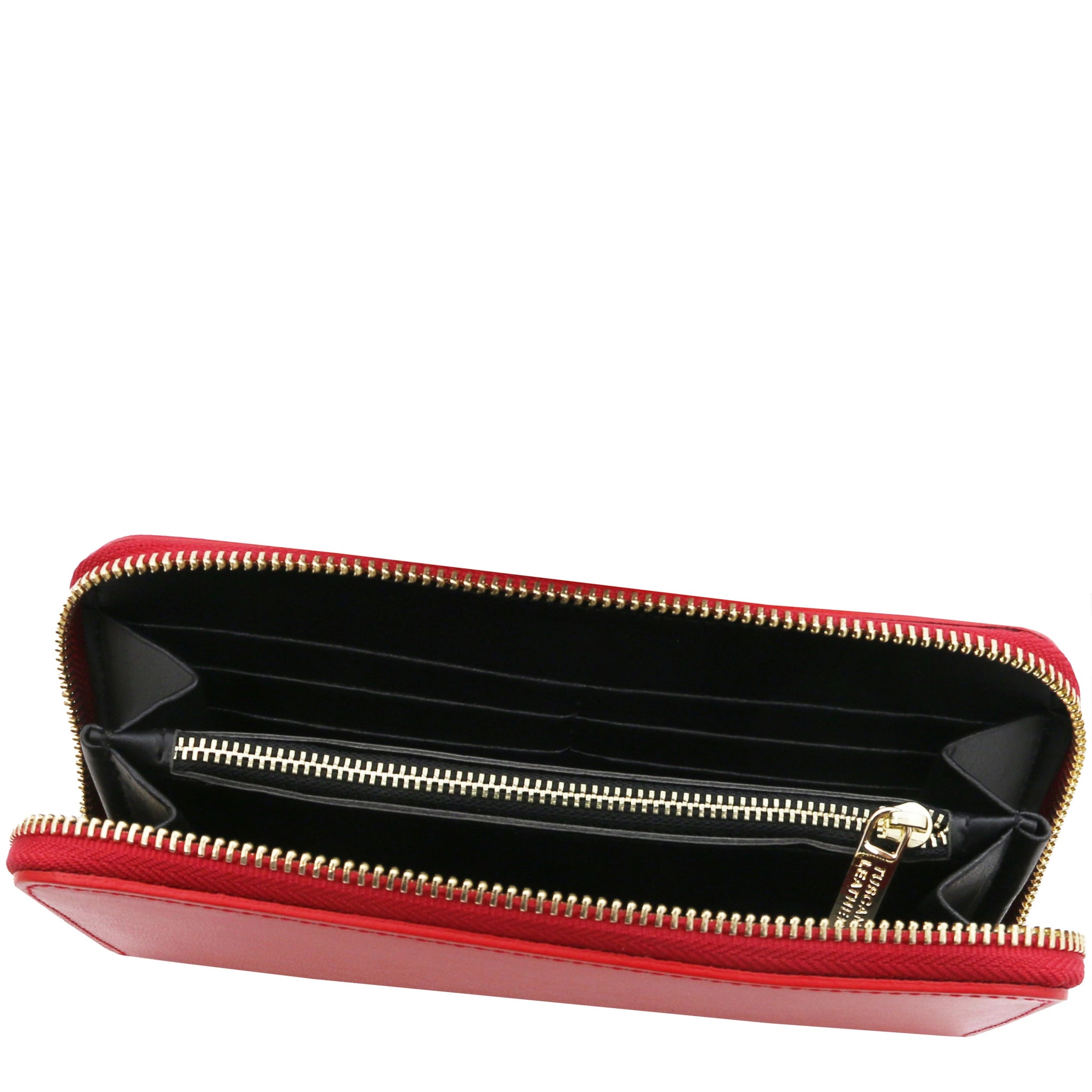 Top interior view Ilizia Exclusive three side Zip Around Leather Wallet in red showing coin zip pocket and card slots 