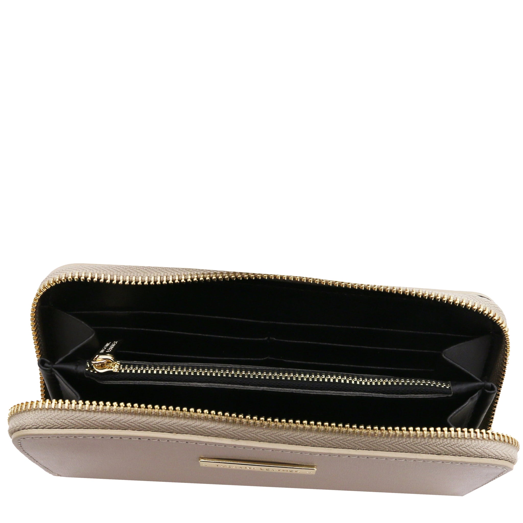 Top interior view Ilizia Exclusive three side Zip Around Leather Wallet in light taupe showing coin zip pocket, card slots and dark interior 
